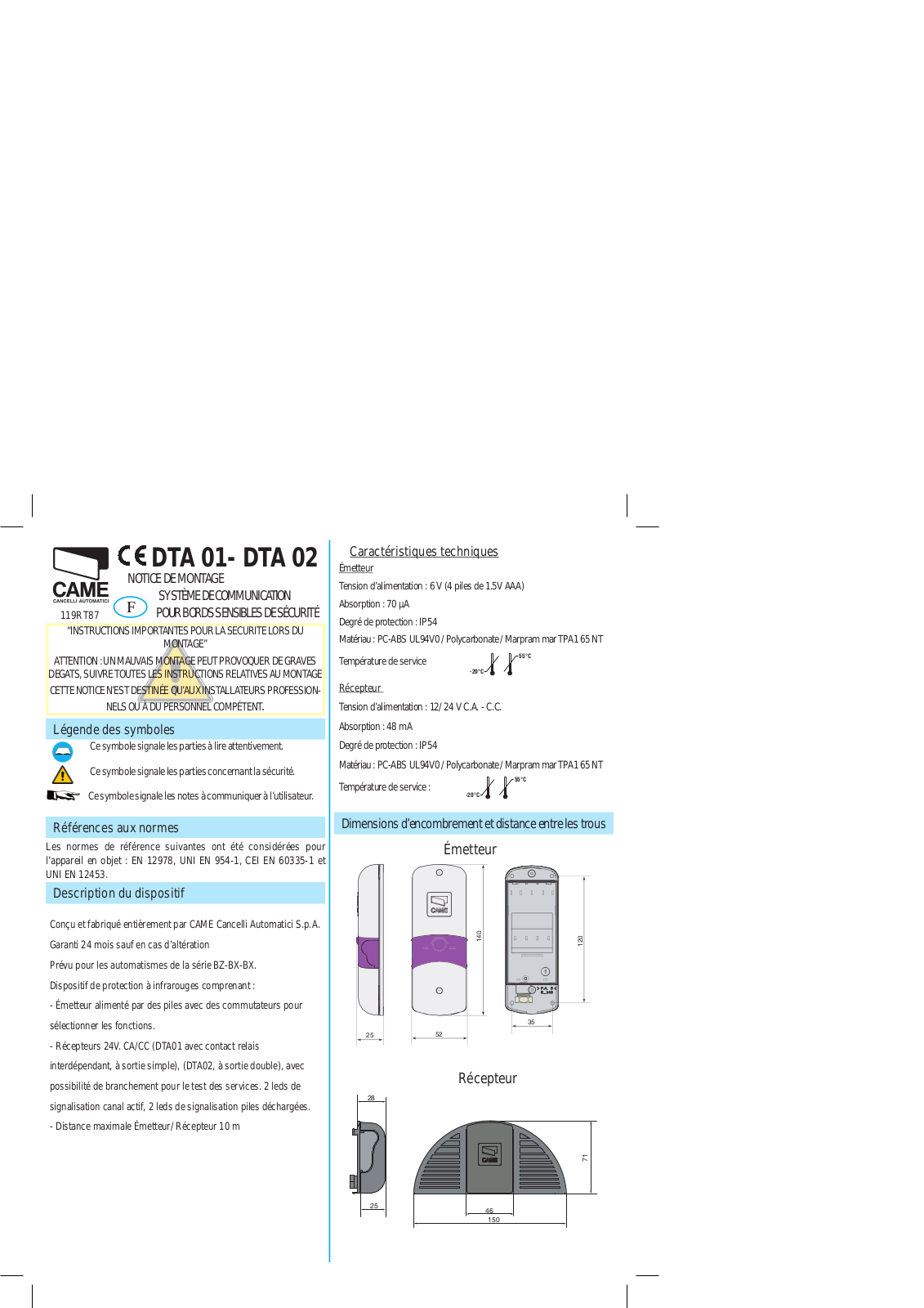 Came DTA 02, DTA 01 Installation Manual