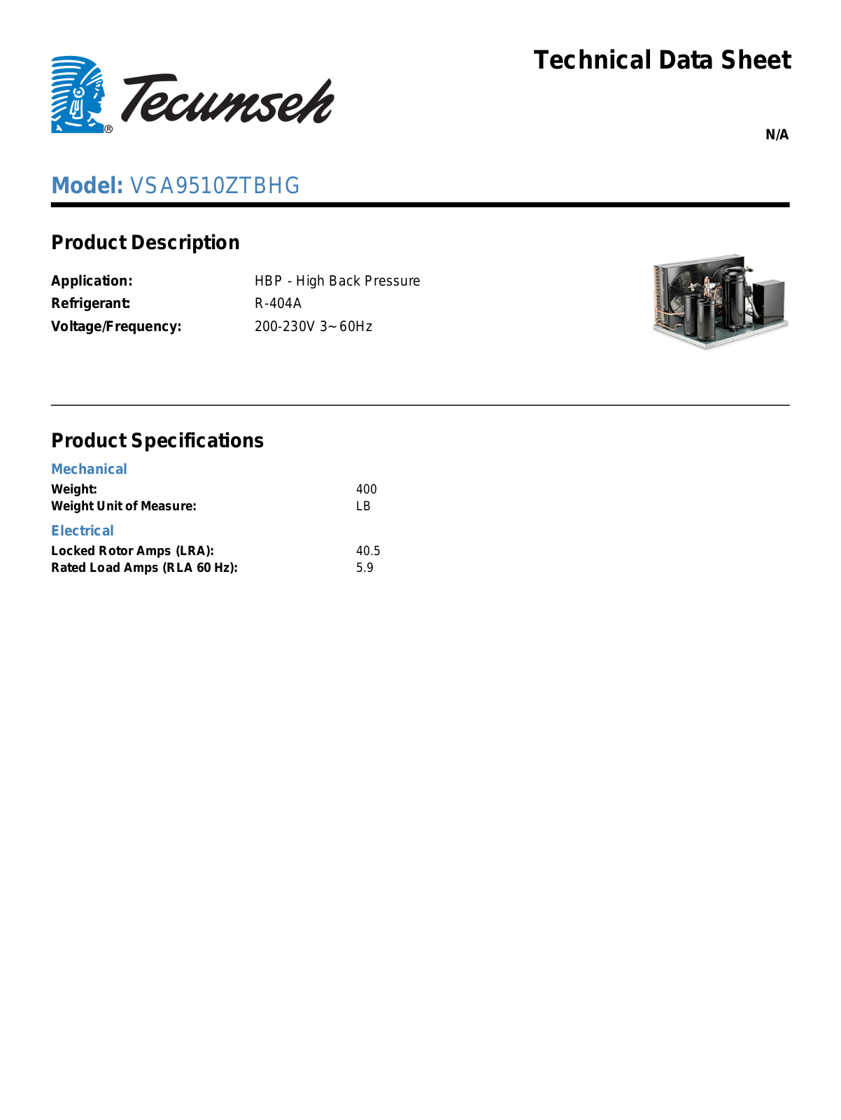 Tecumseh VSA9510ZTBHG Technical Data Sheet