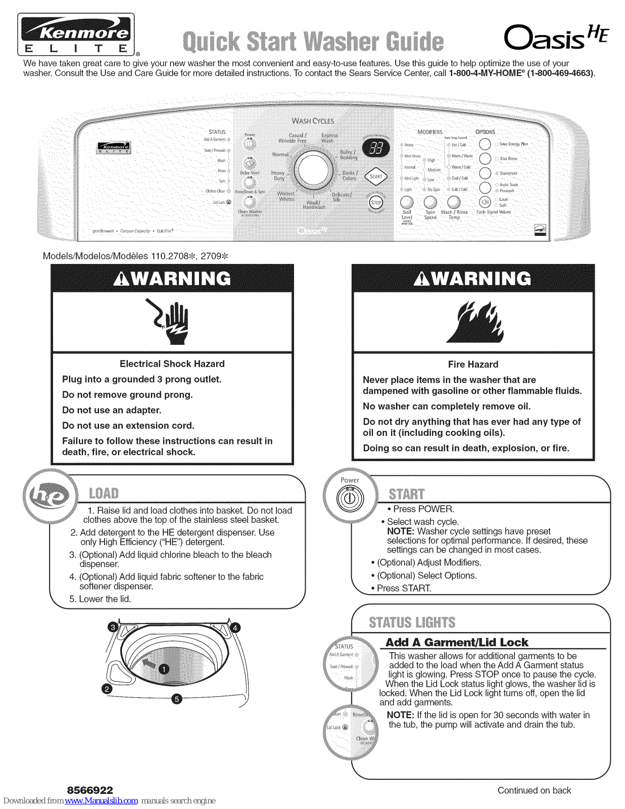 Kenmore Oasis HE 110.2708, Oasis HE 110.2709, Oasis HE 110.2708 Series, Oasis HE 110.2709 Series Quick Start Manual - ManualMachine.com