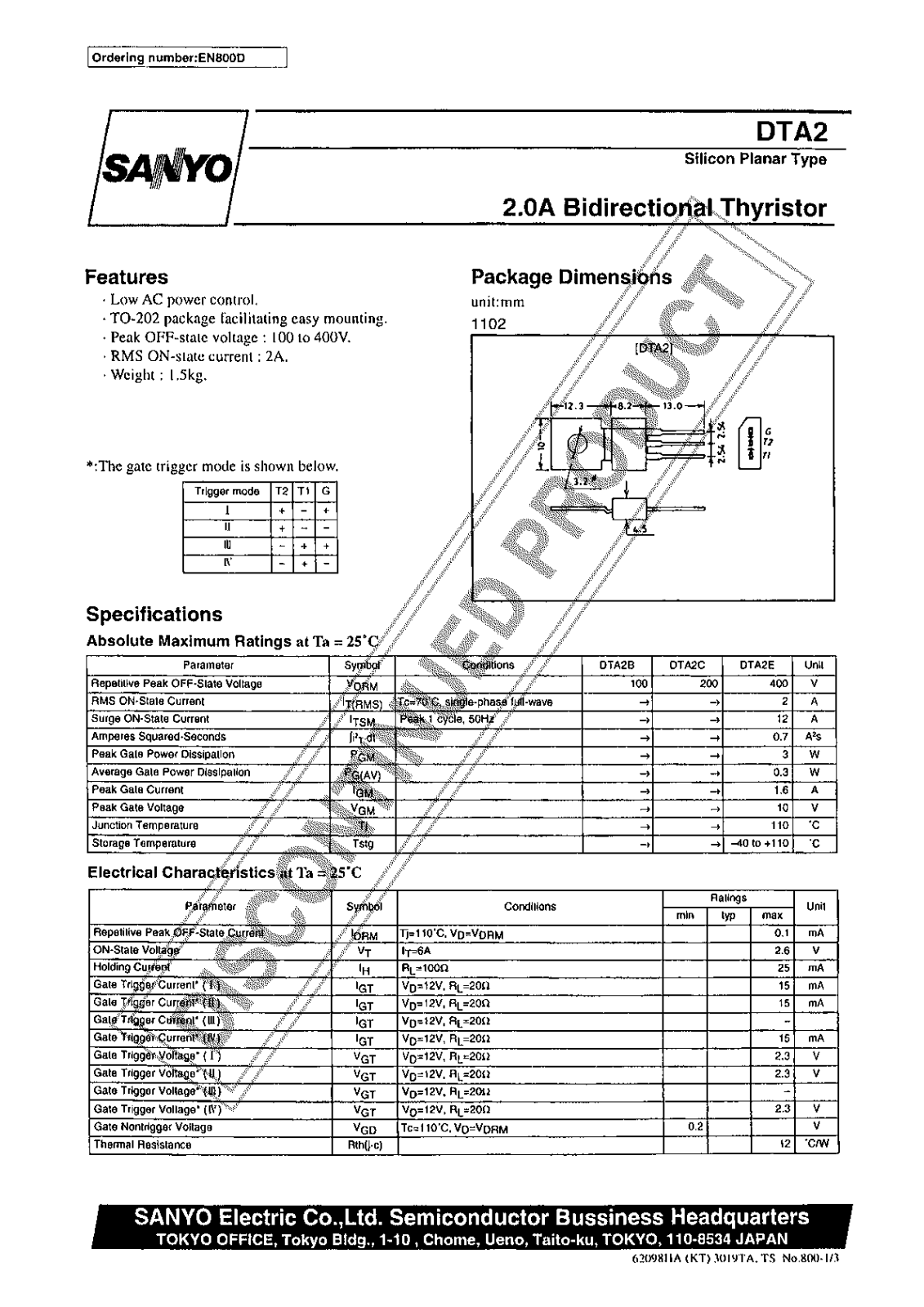 Sanyo DTA2 Specifications