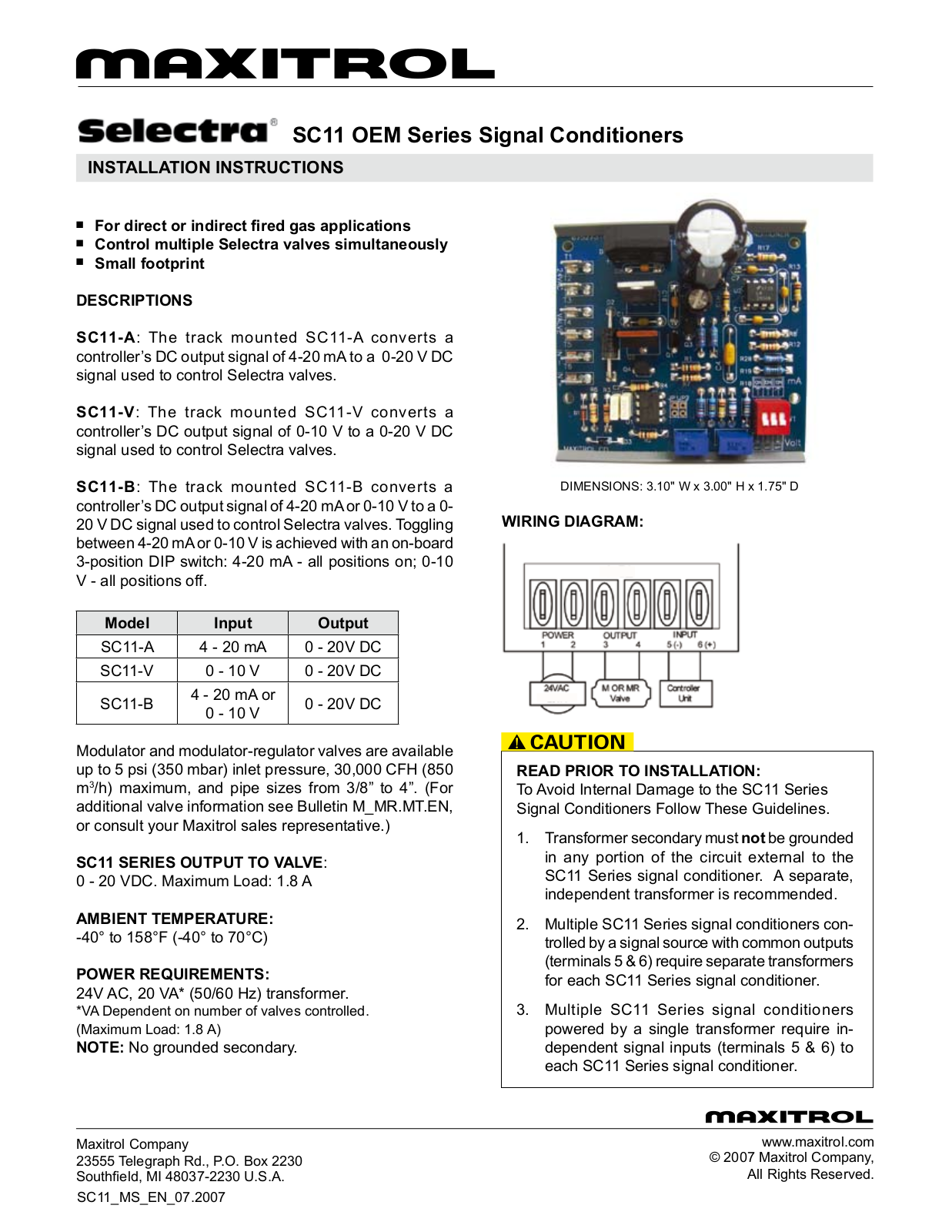 Maxitrol SC11-A Installation  Manual