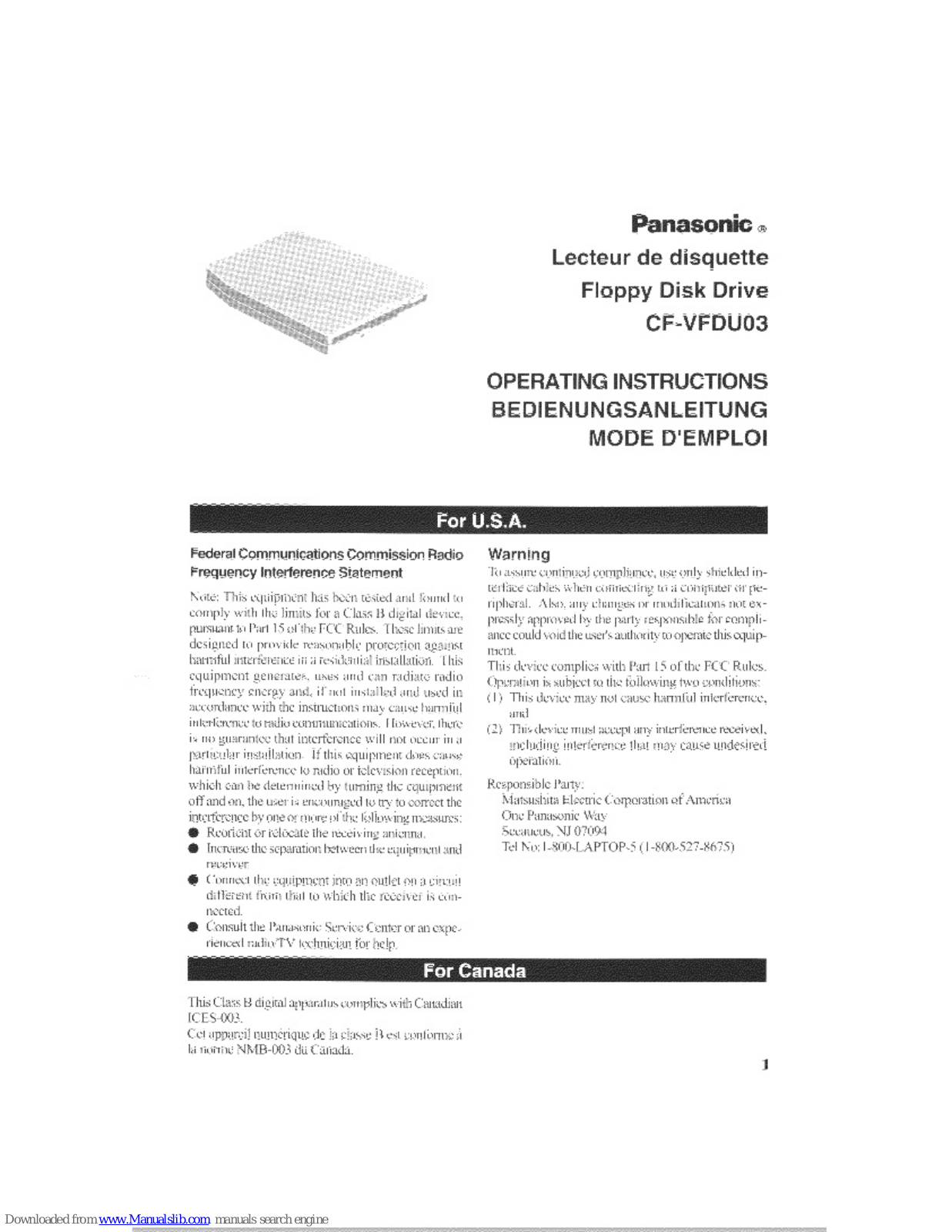 Panasonic CF-VFDU03U - 1.44 MB Floppy Disk Drive, CF-VFDU03 Operating Instructions Manual