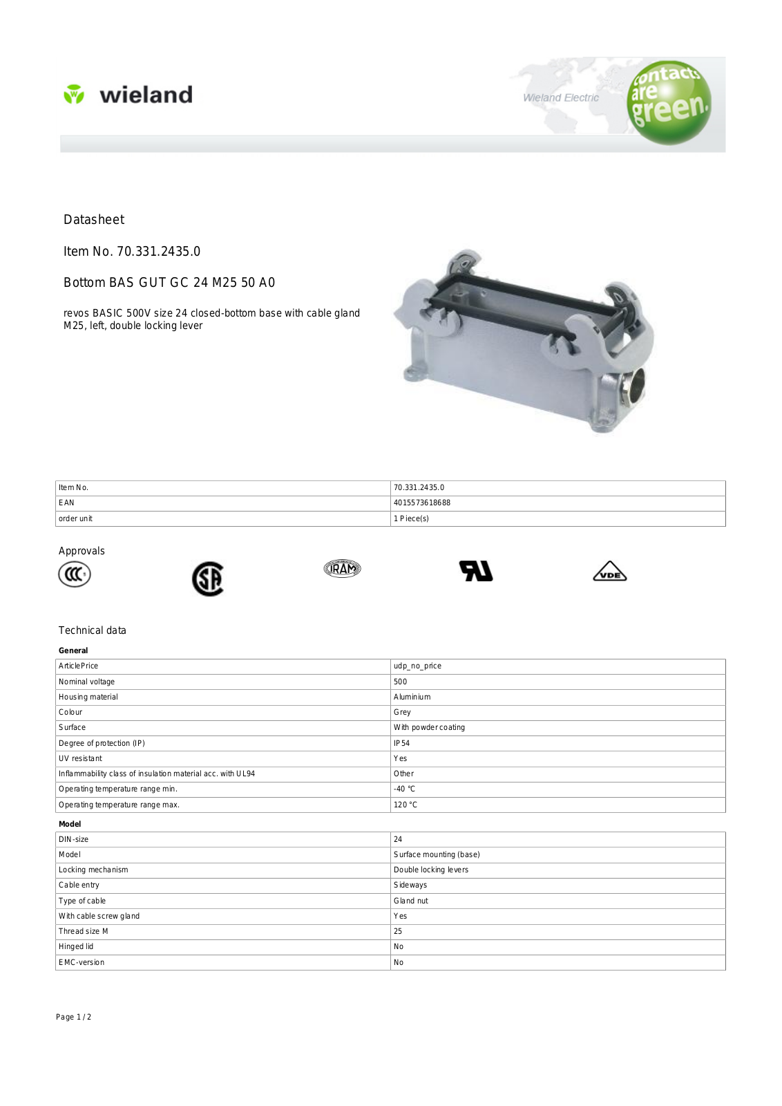 Wieland 70.331.2435.0 Data Sheet