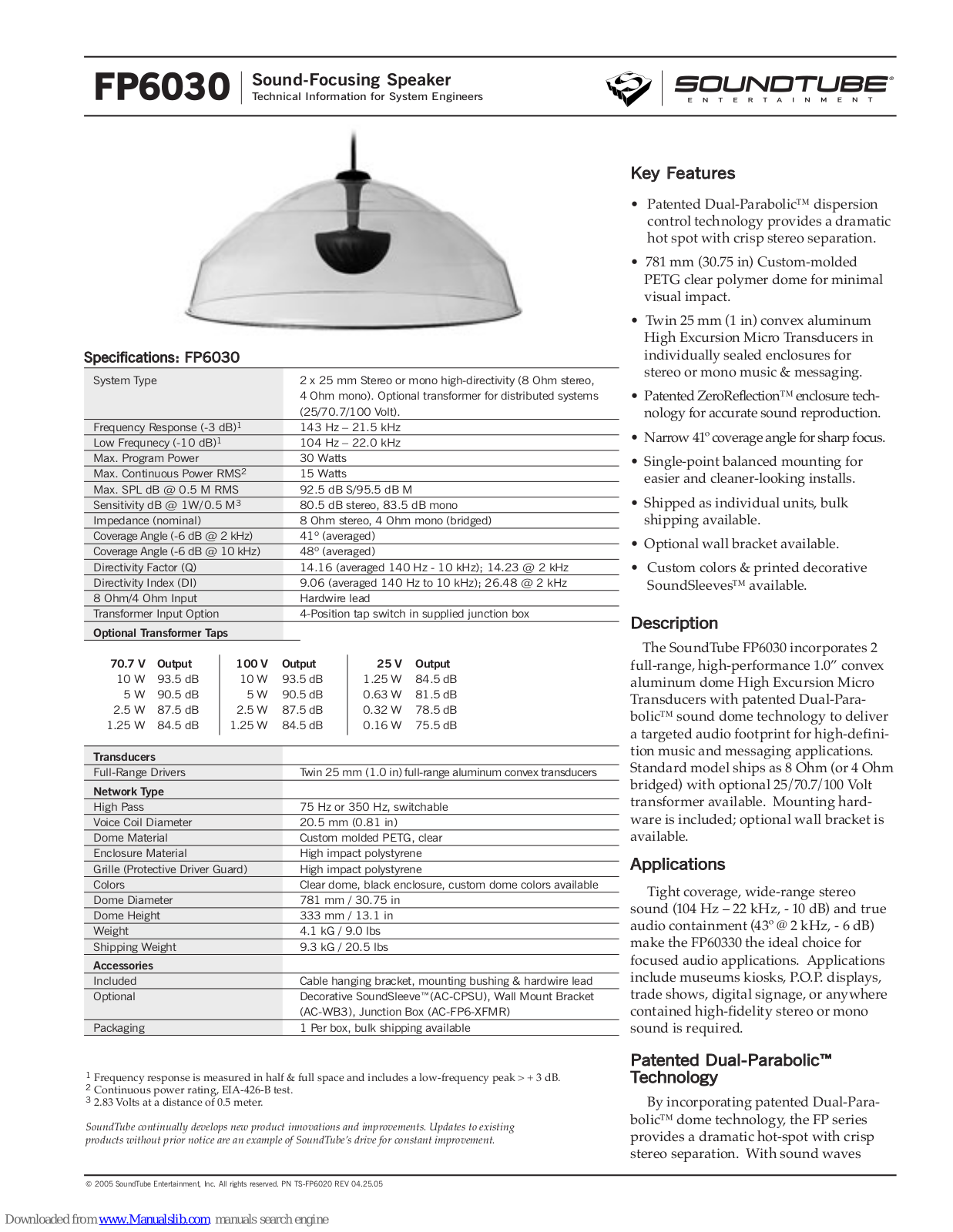 SoundTube Sound-Focusing Speaker FP6030 Specifications