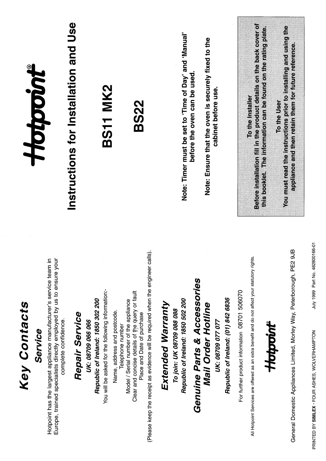 Hotpoint BS11 MK2 User Manual