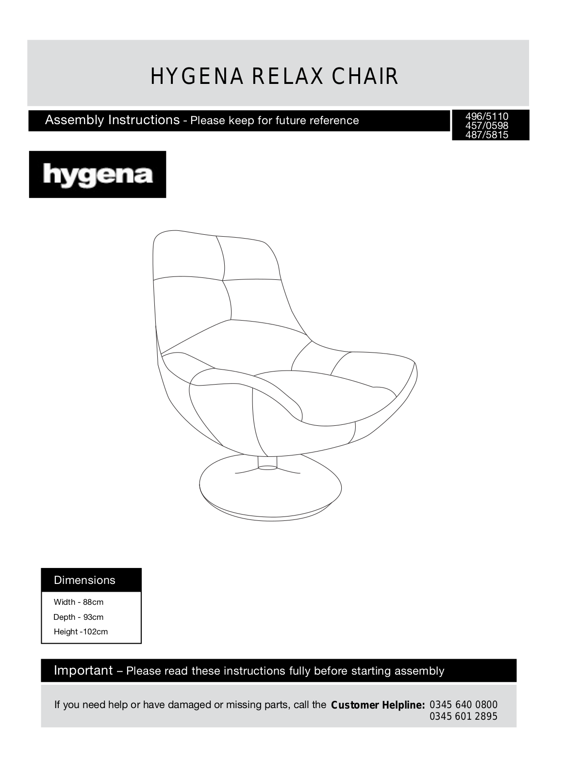 Hygena 496-5110, 457-0598, 487-5815 Instruction manual