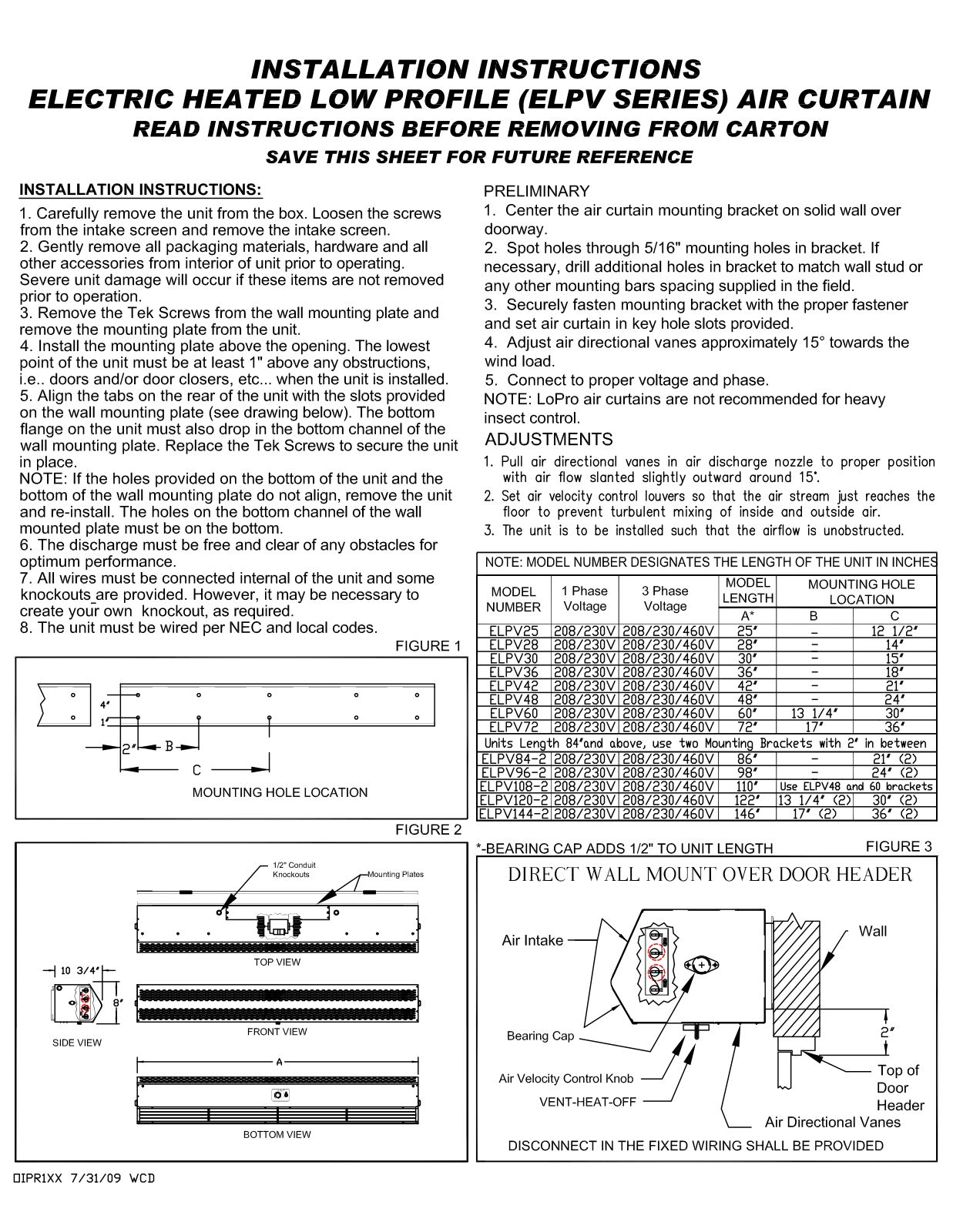 Mars Air ELPV108-2 Installation  Manual