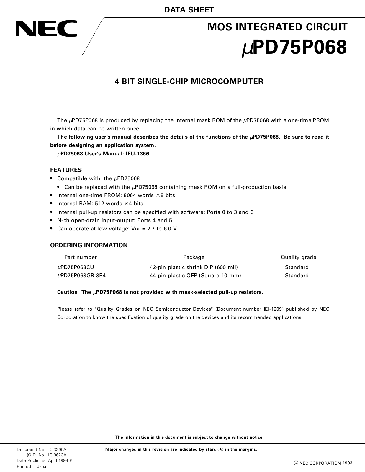 NEC UPD75P068CU, UPD75P068GB-3B4 Datasheet