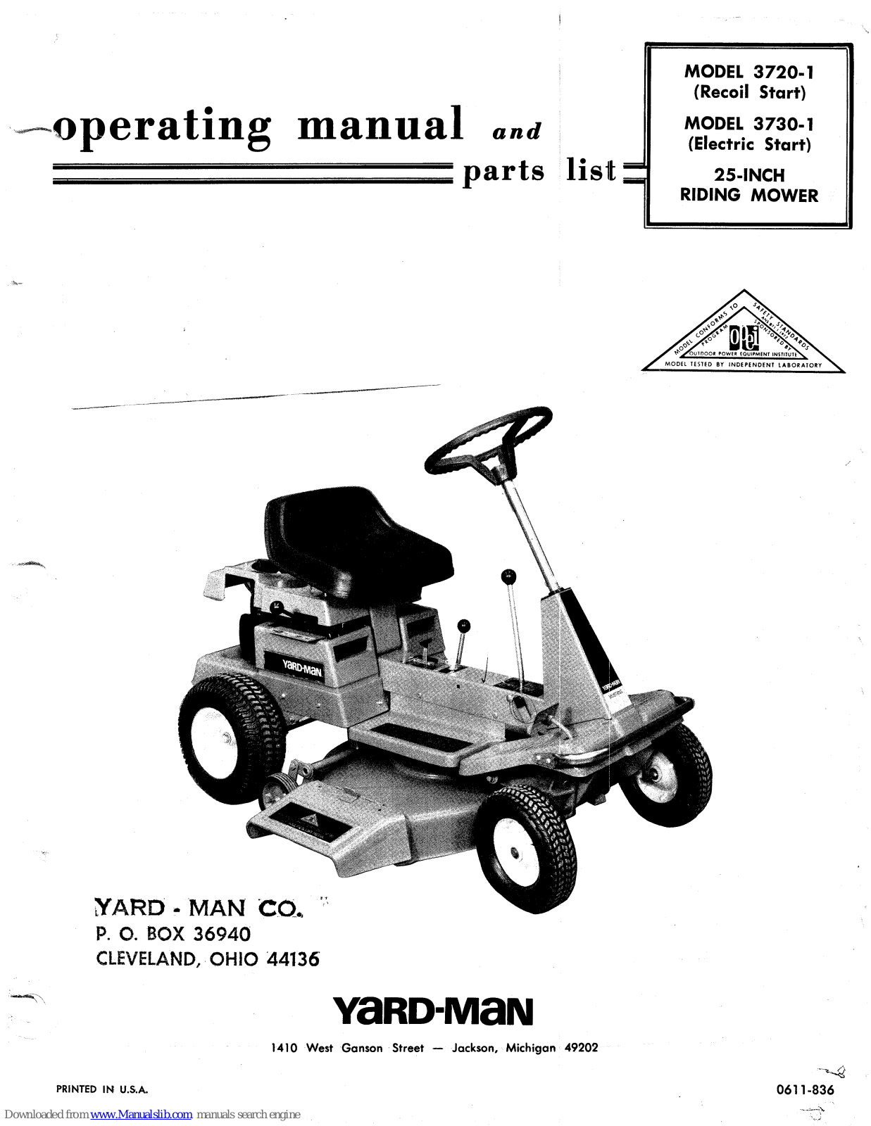 Yard-Man 3720-1, 3730-1 Operating Manual And Parts List