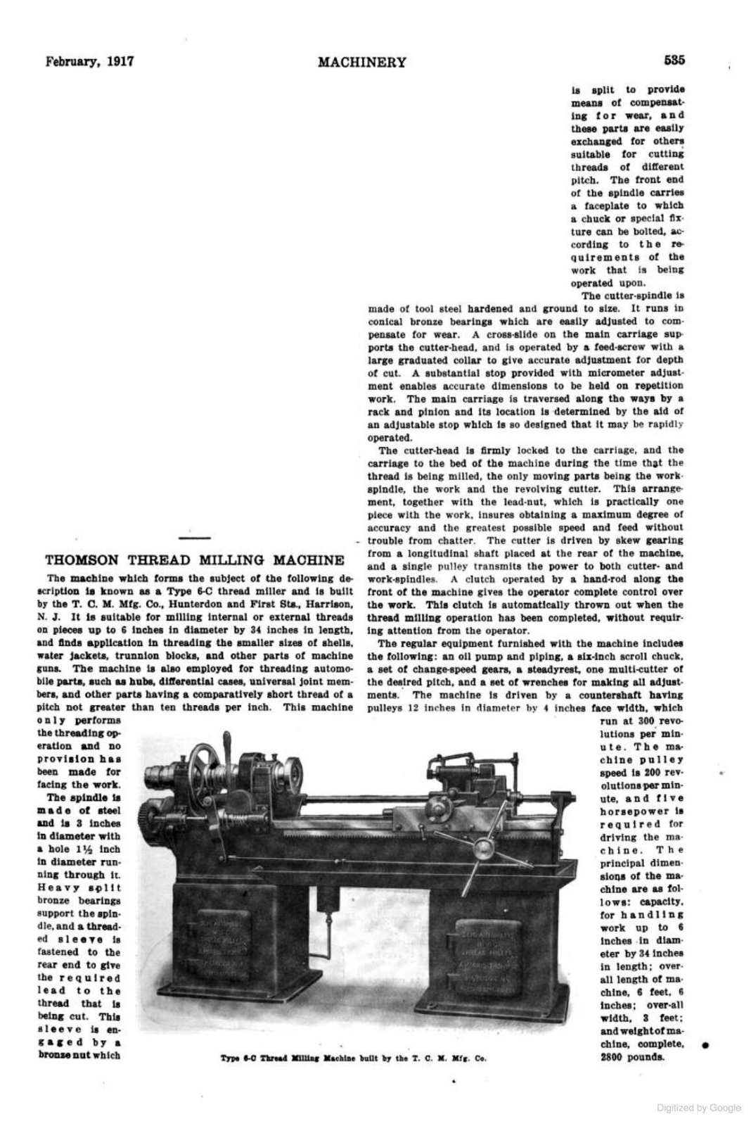 T. C. M. Manufacturing Thomson thread milling machine Threading Machinery - ManualMachine.com