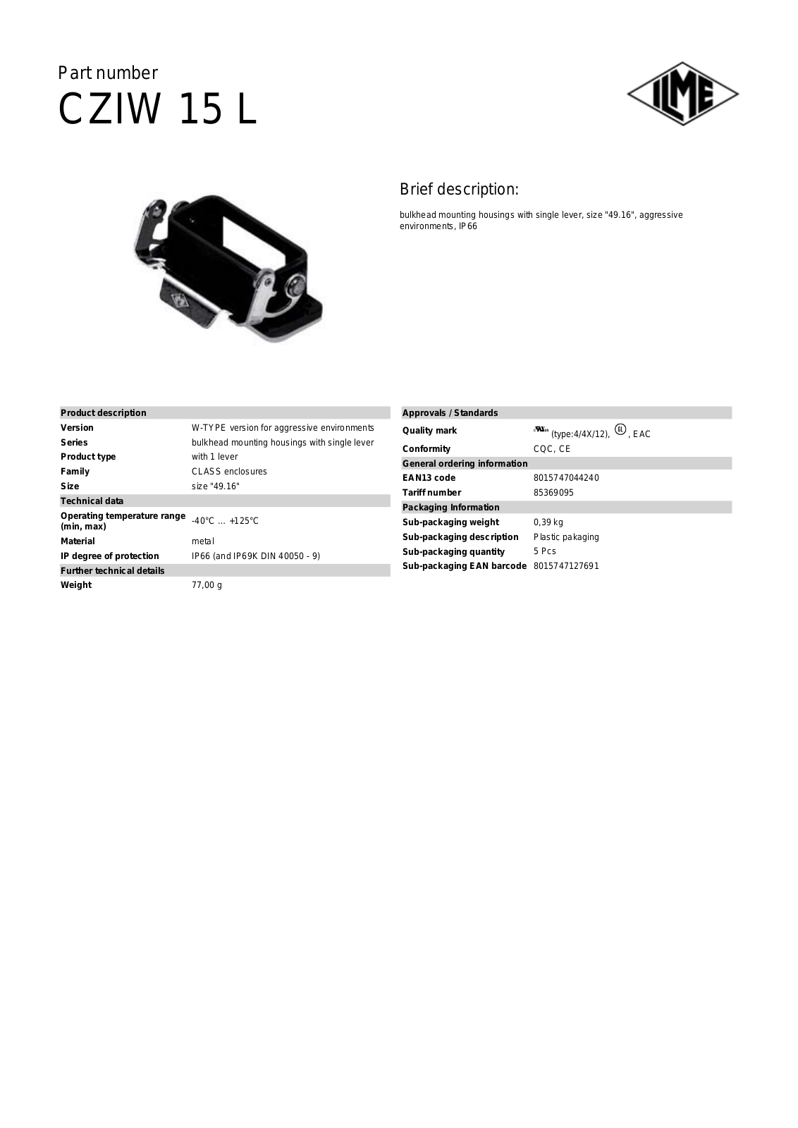 ILME CZIW-15L Data Sheet