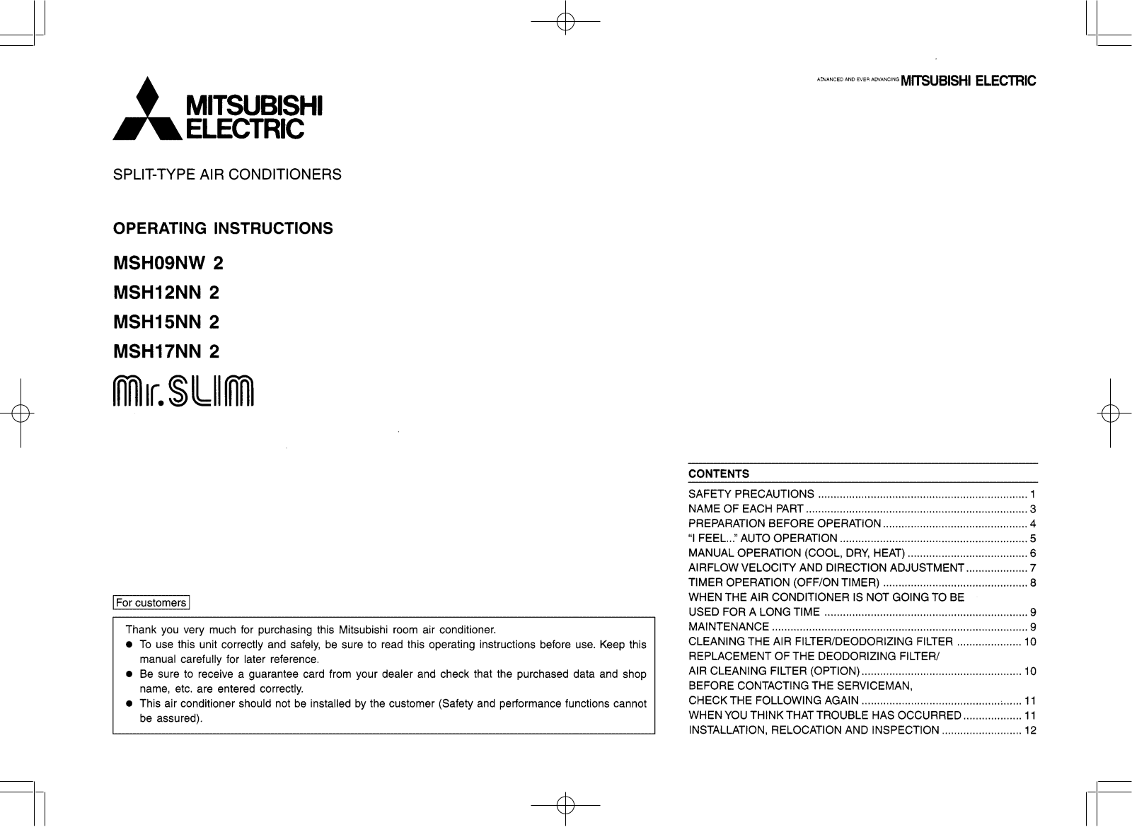 Mitsubishi MSH12NN 2, MSH17NN 2, MSH09NW 2, MSH15NN 2 OPERATING INSTRUCTIONS