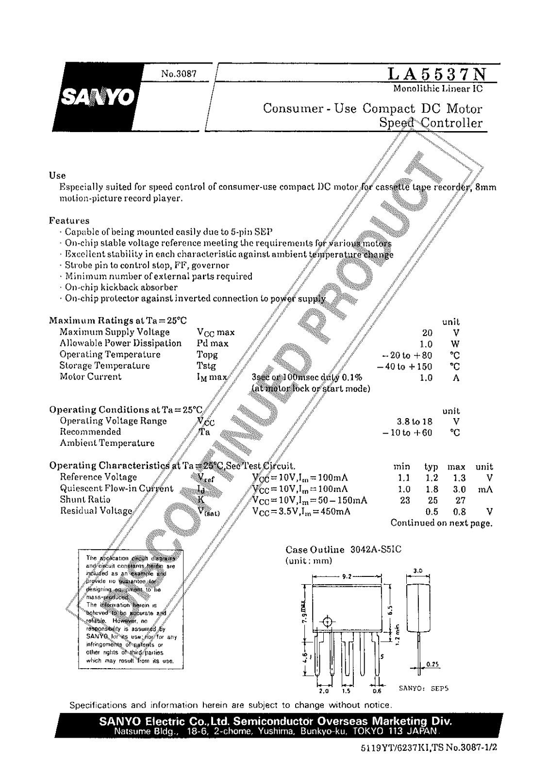 Sanyo LA5537N Specifications