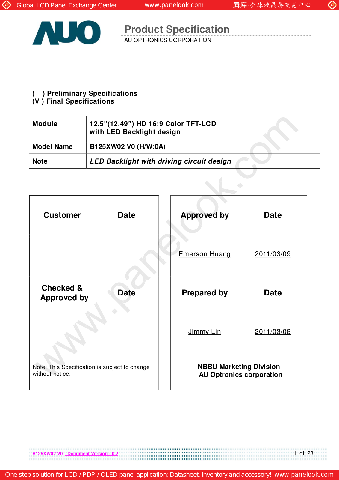 AUO B125XW02 V0 Specification