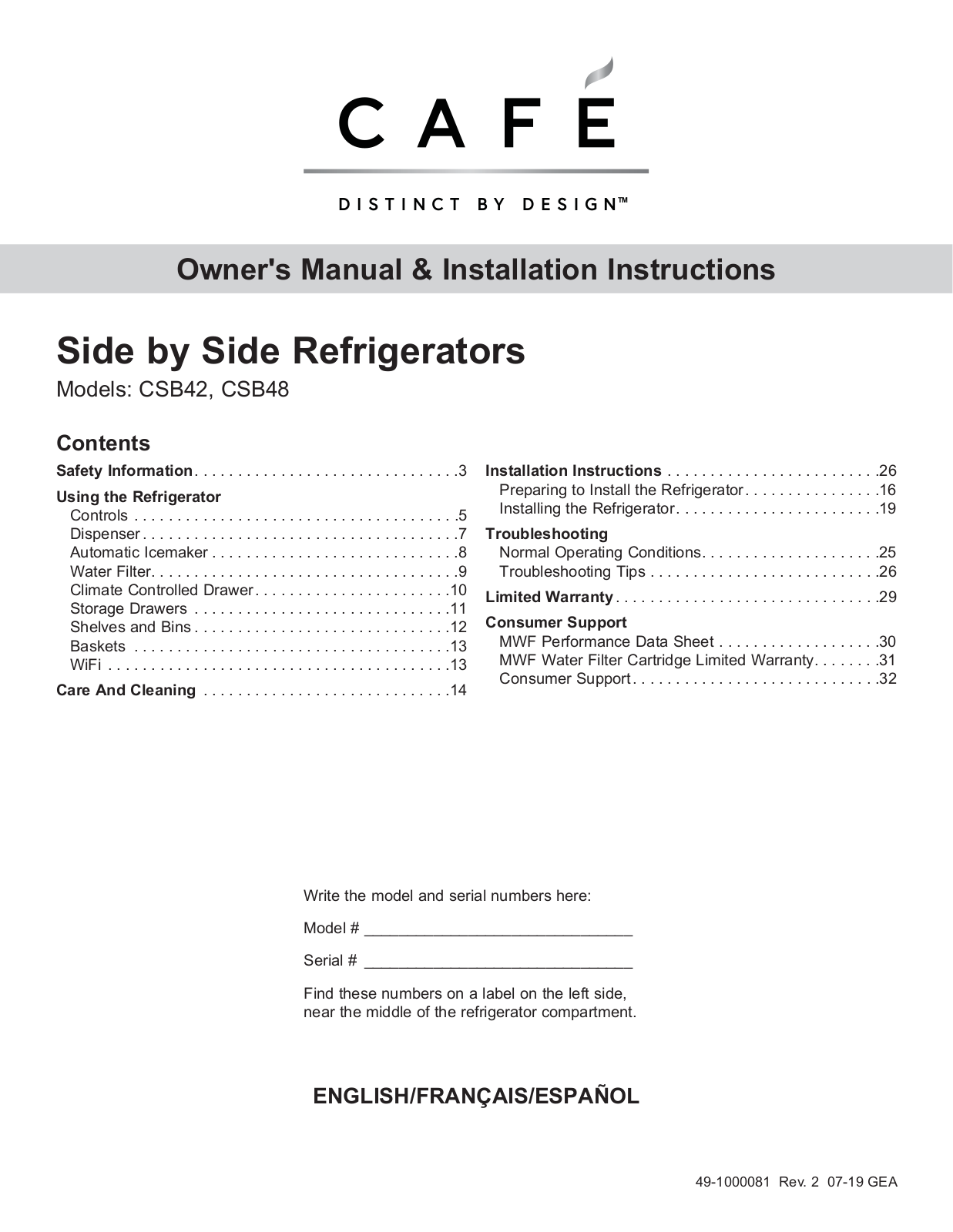 GE CSB42WP2NCS1, CSB42WP2NBS1 Owner’s Manual