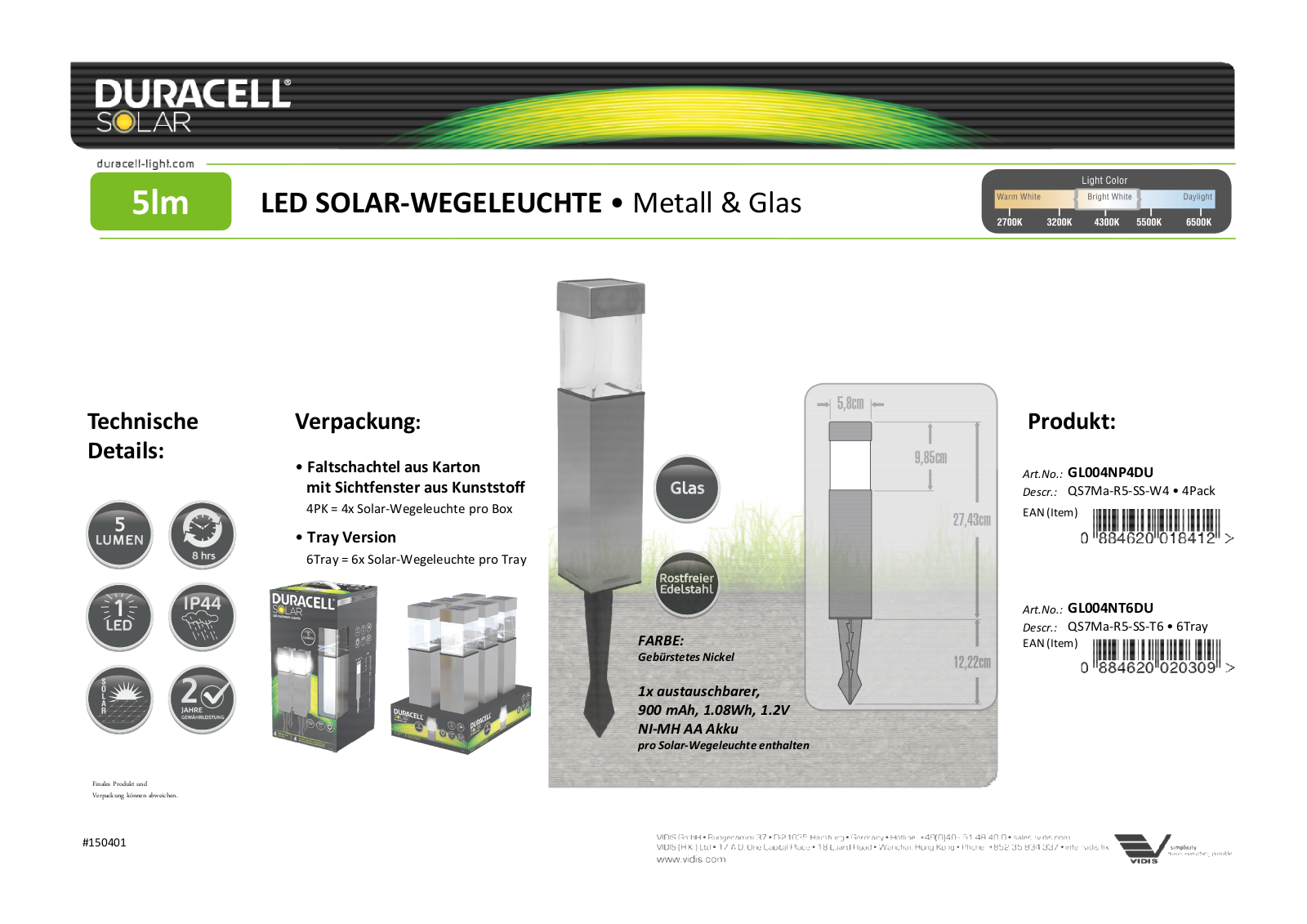 Duracell GL004NP4DU Technical data