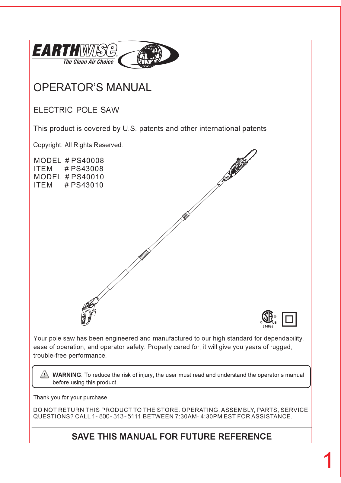 Earthwise PS43010, PS43008, PS40010, PS40008 User Manual