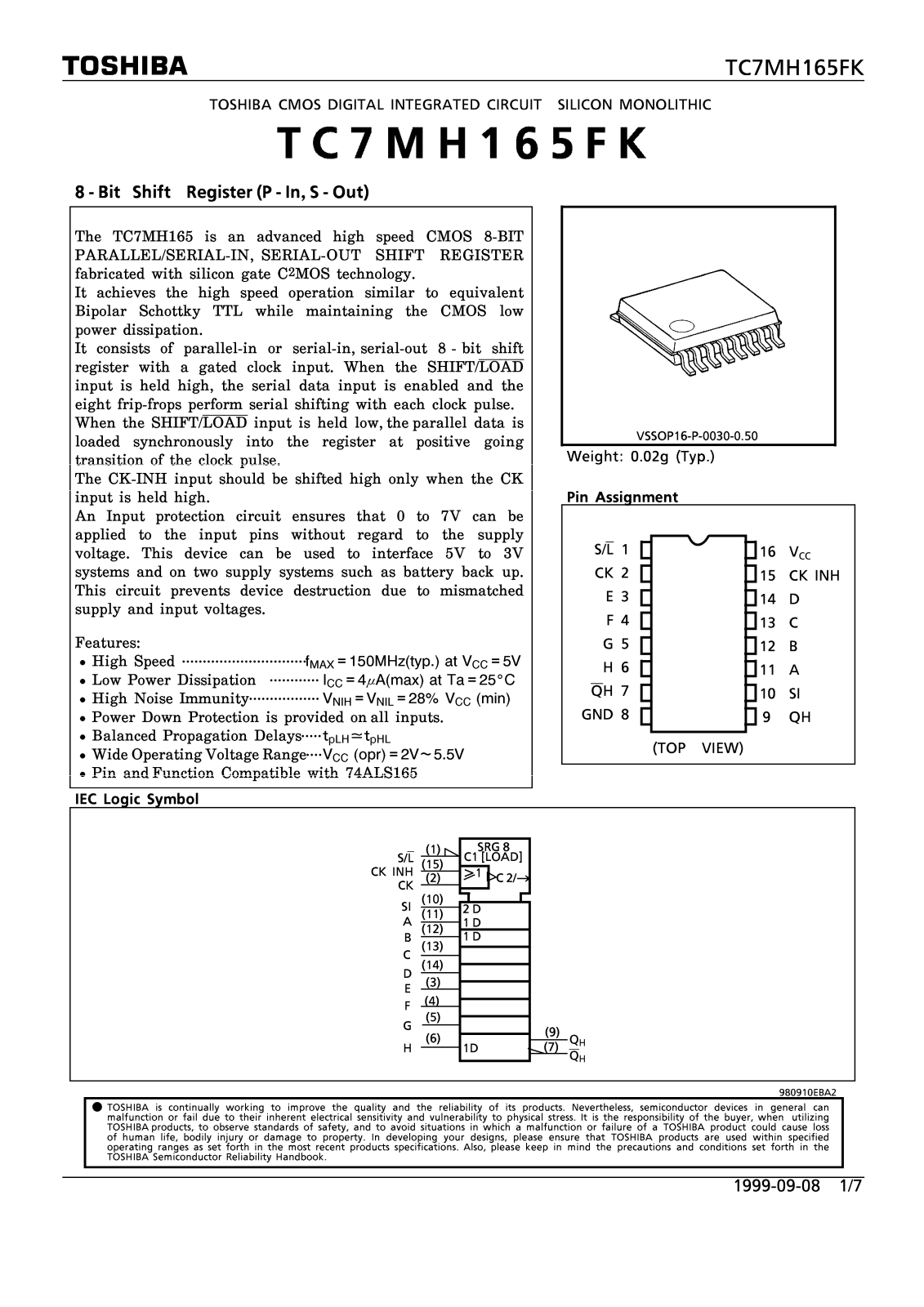 Toshiba TC7MH165FK Datasheet