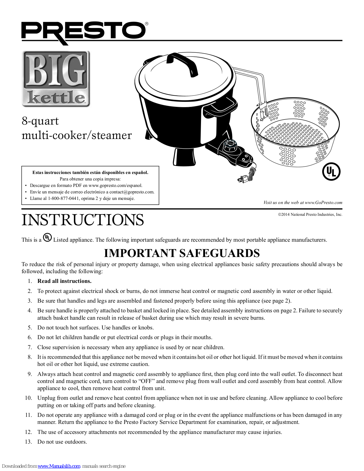 Presto Big kettle Instructions Manual