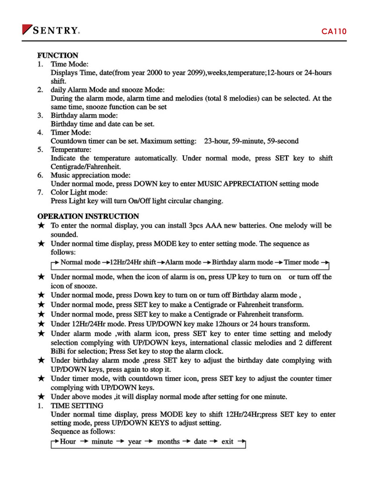 Sentry Industries CA110 User Manual