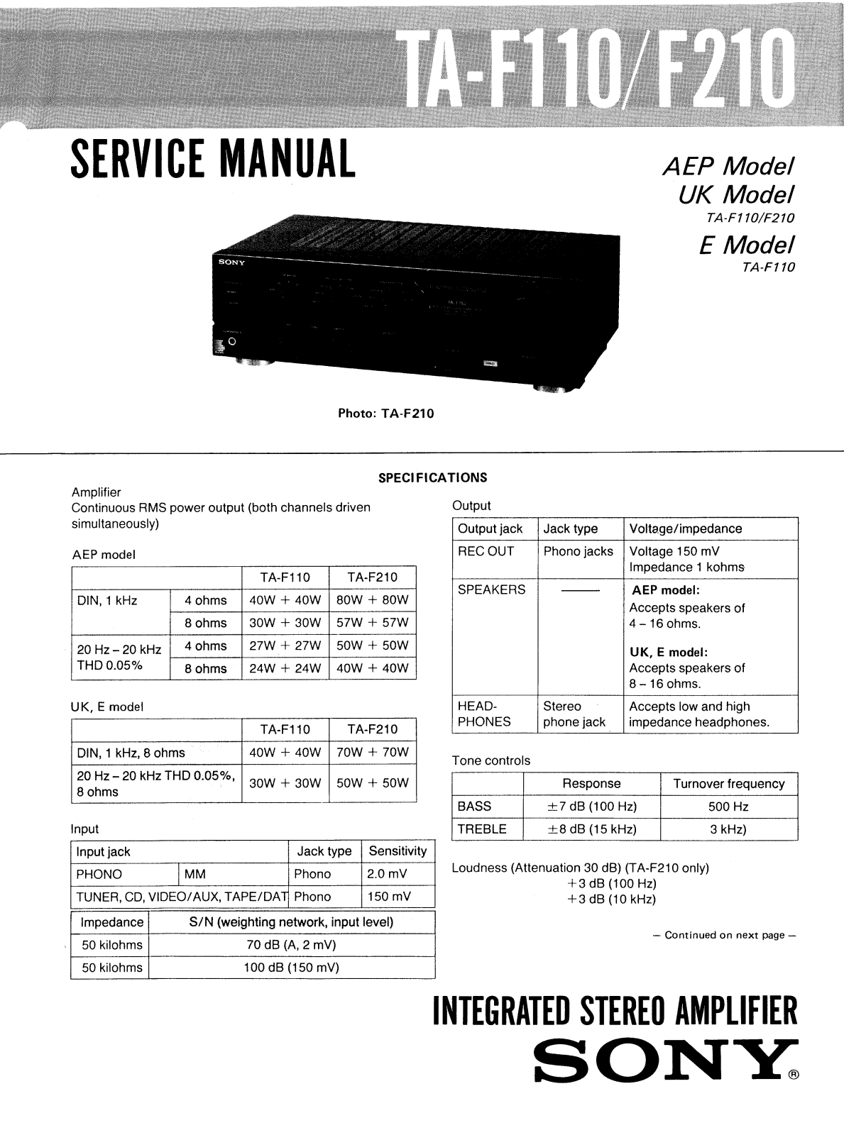 Sony TA-F110, TA-F210 Schematic