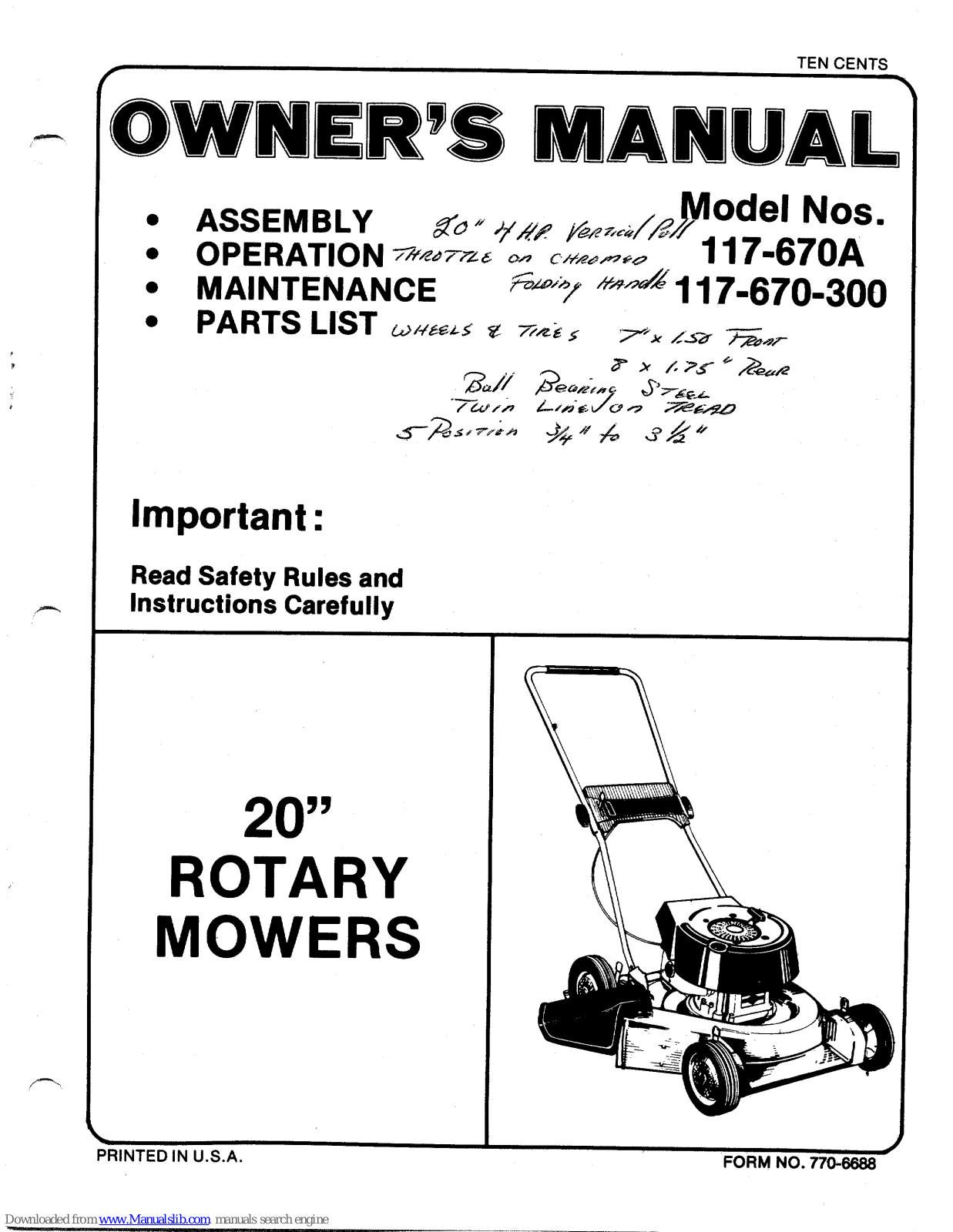 MTD 117-670-300, 117-670A Owner's Manual