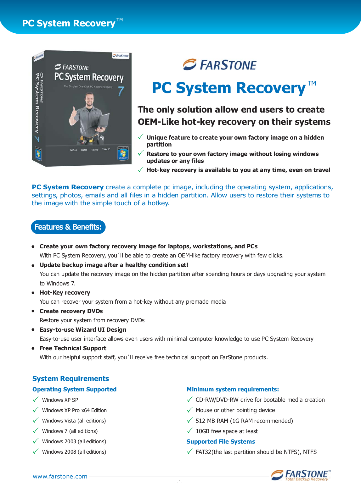 Farstone PC SYSTEM RECOVERY Features & Benefits