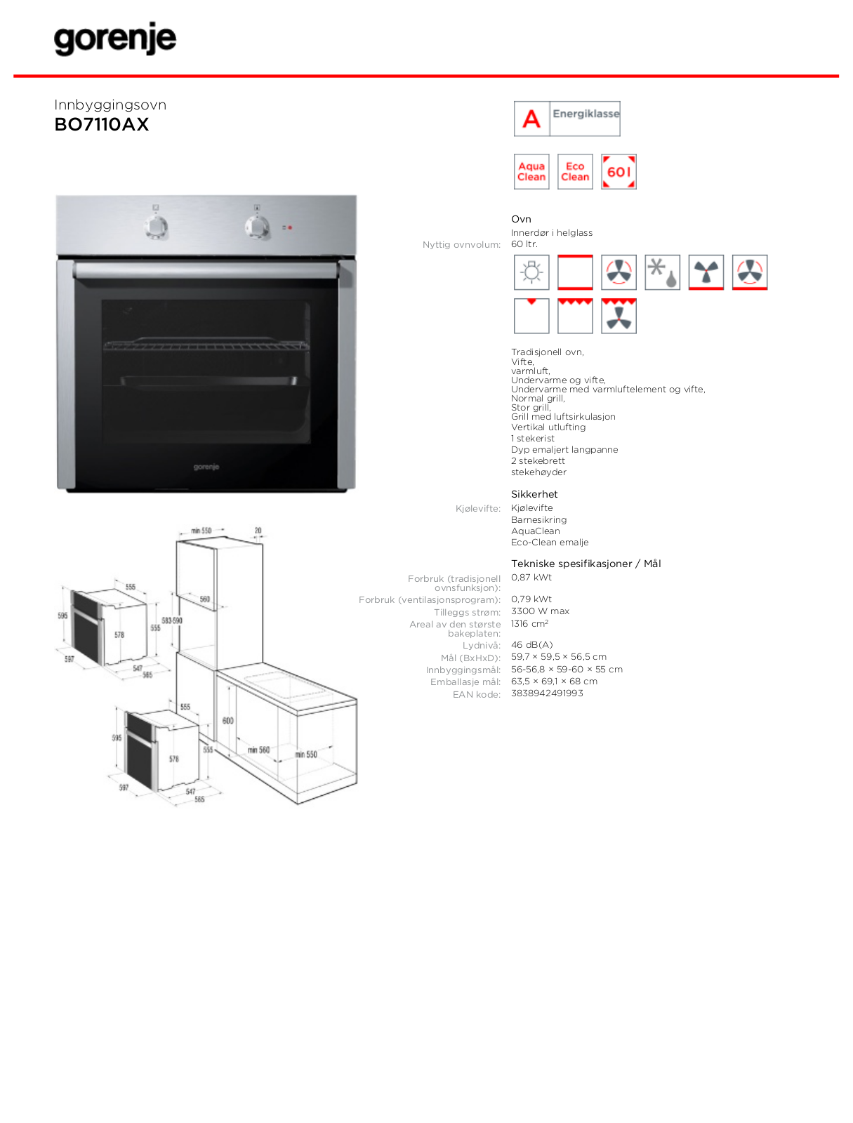 Gorenje BO7110AX DATASHEET