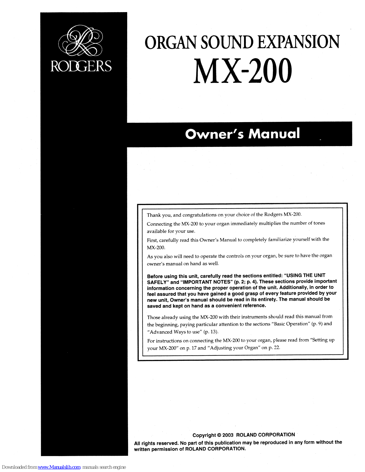 Roland HP 1700, HP1700L, HP 900L, HP 900, MX-200 Owner's Manual