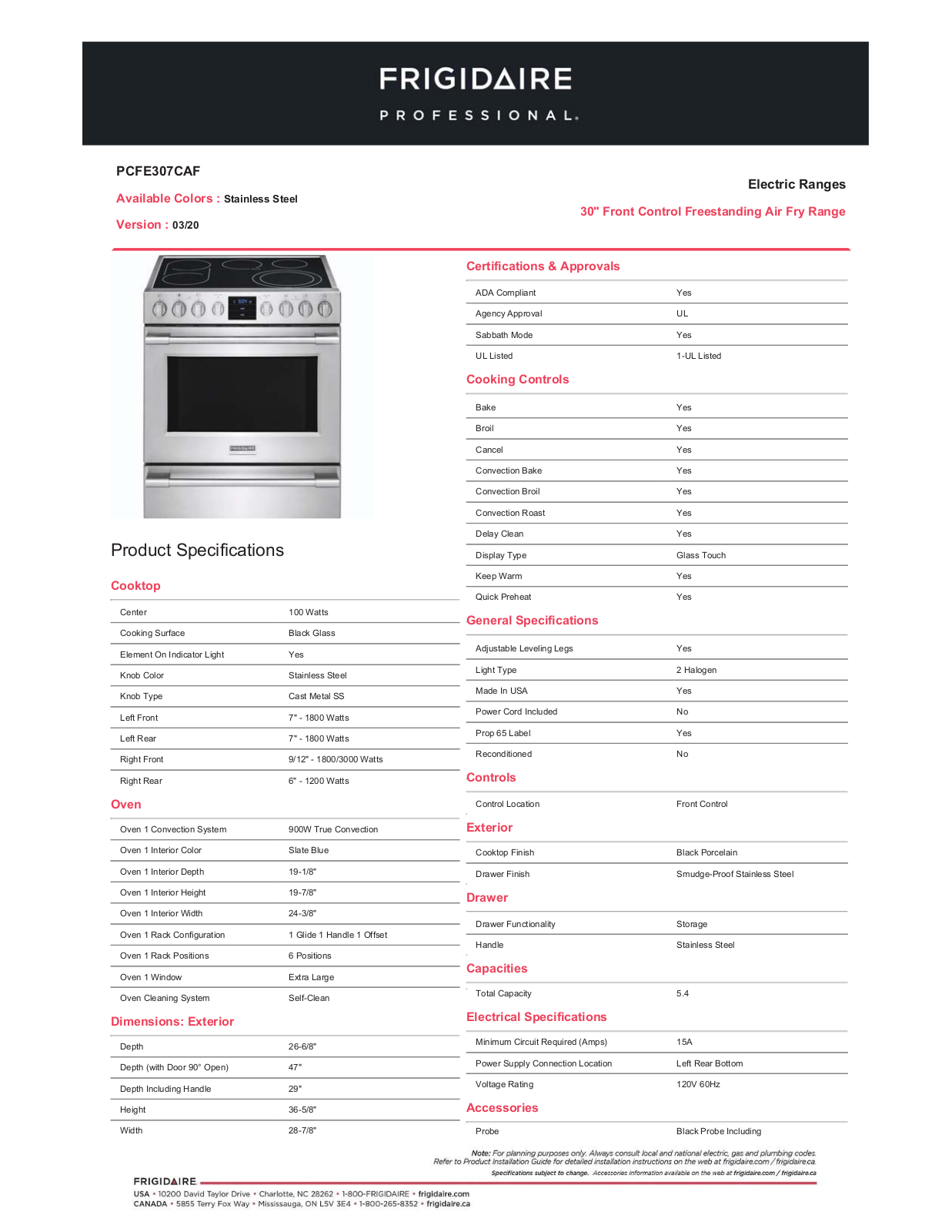 Frigidaire Professional PCFE307CAF PRODUCT SPECIFICATIONS