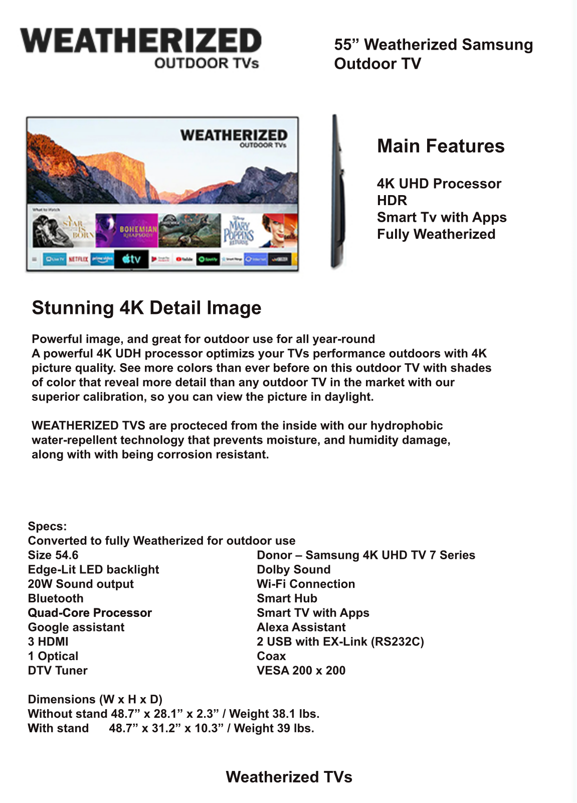 Weatherized TVs 55S7WT, 55S7PWT Specifications - ManualMachine.com