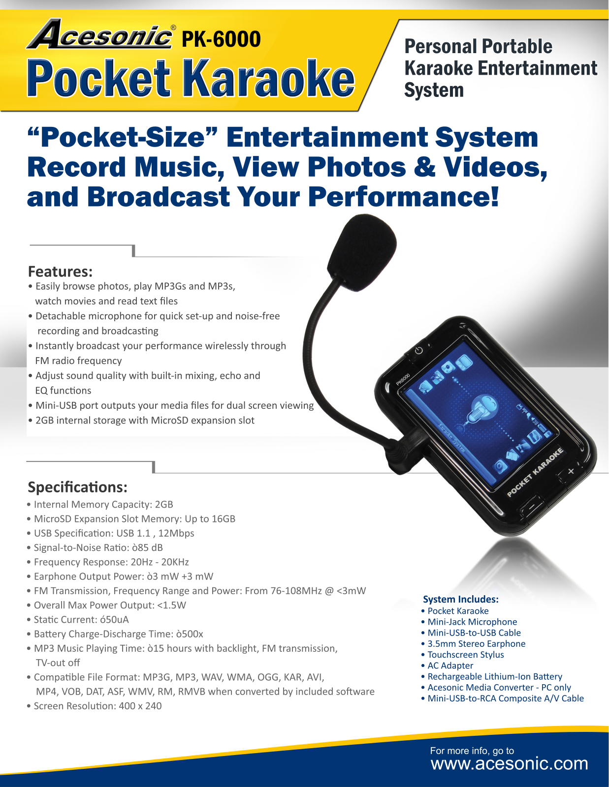 Acesonic POCKET KARAOKE Datasheet