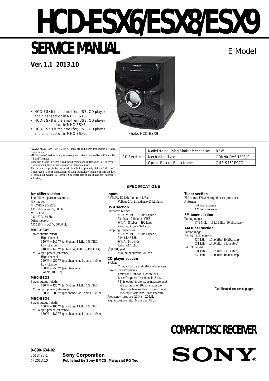 Sony HCD-ESX6, HCD-ESX8, HCD-ESX9 Schematic