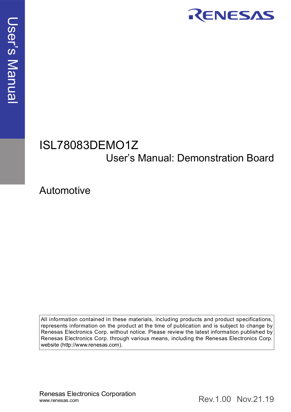 Renesas ISL78083DEMO1Z User Manual