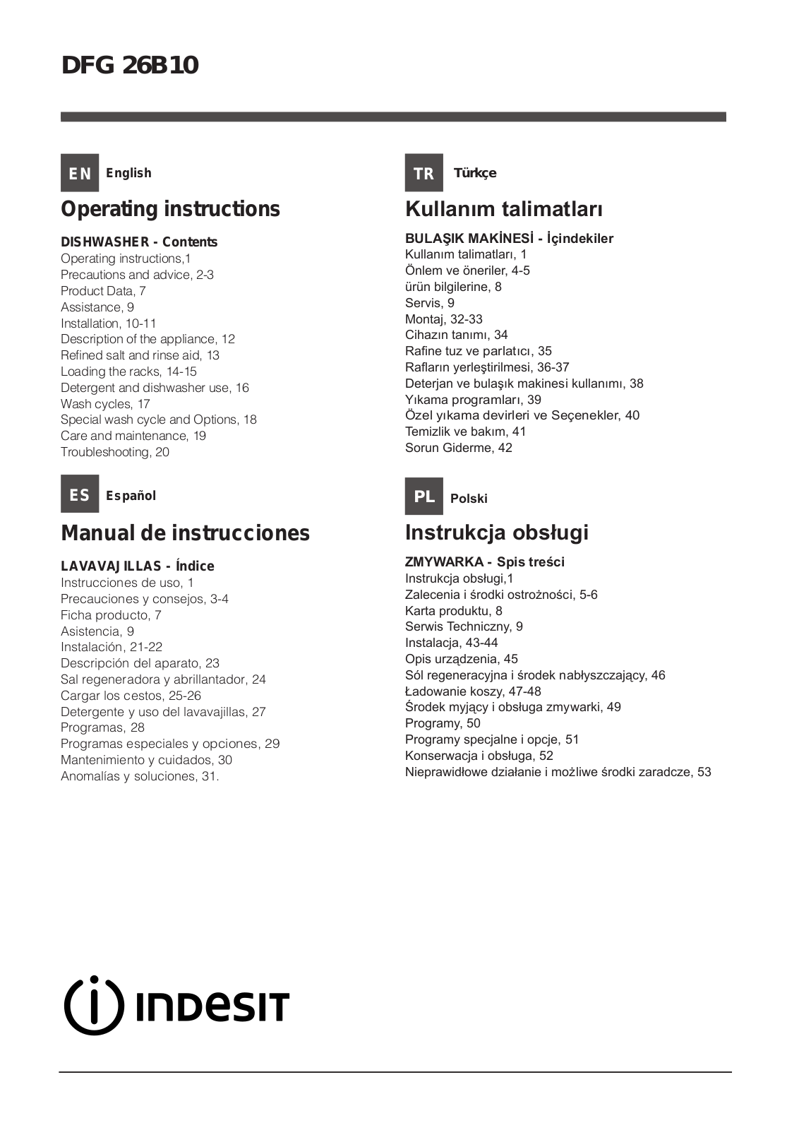 INDESIT DFG 26B10 EU User Manual