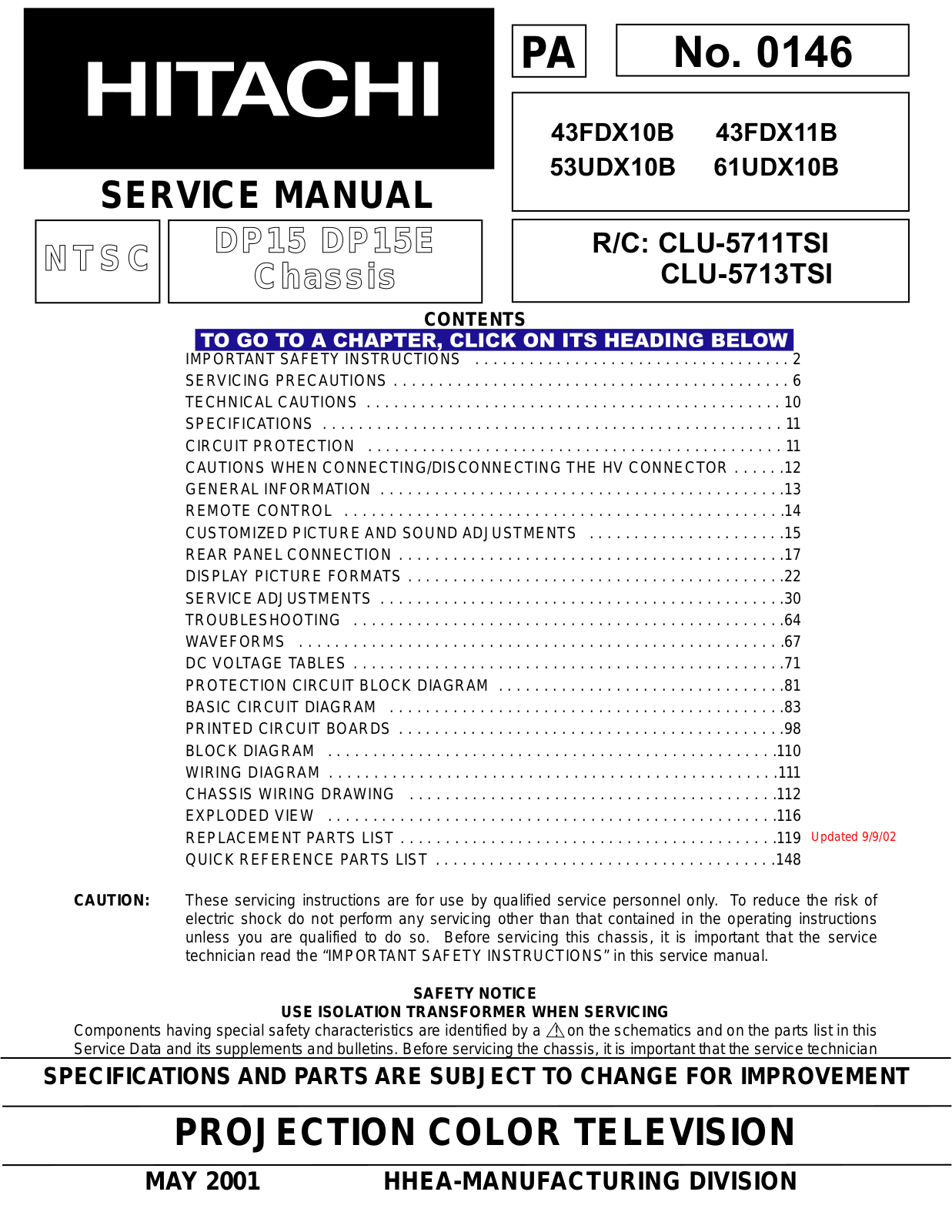 Hitachi 43FDX10B, 43FDX11B, 53UDX10B, 61UDX10B Schematic