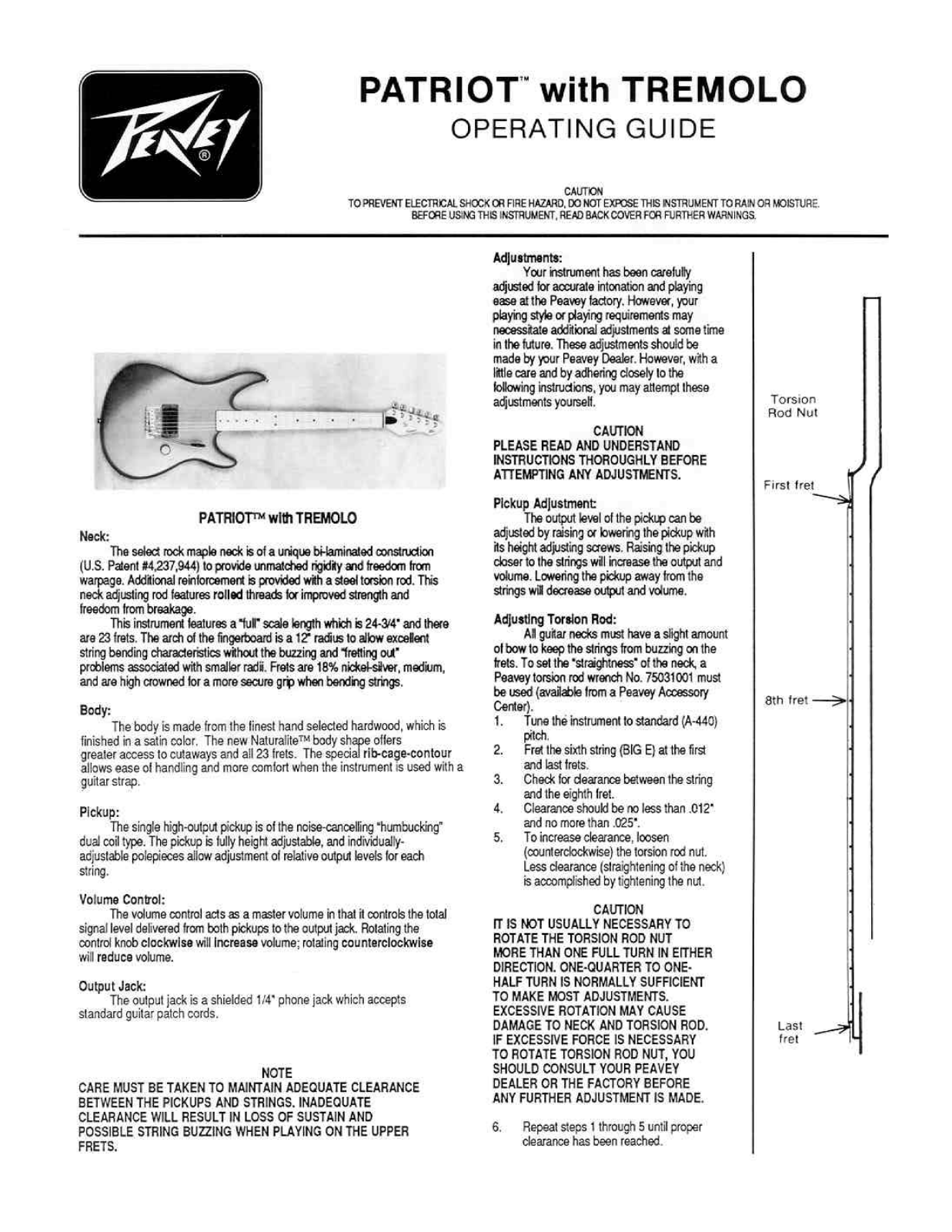 Peavey PATRIOT WITH TREMOLO Operating guide