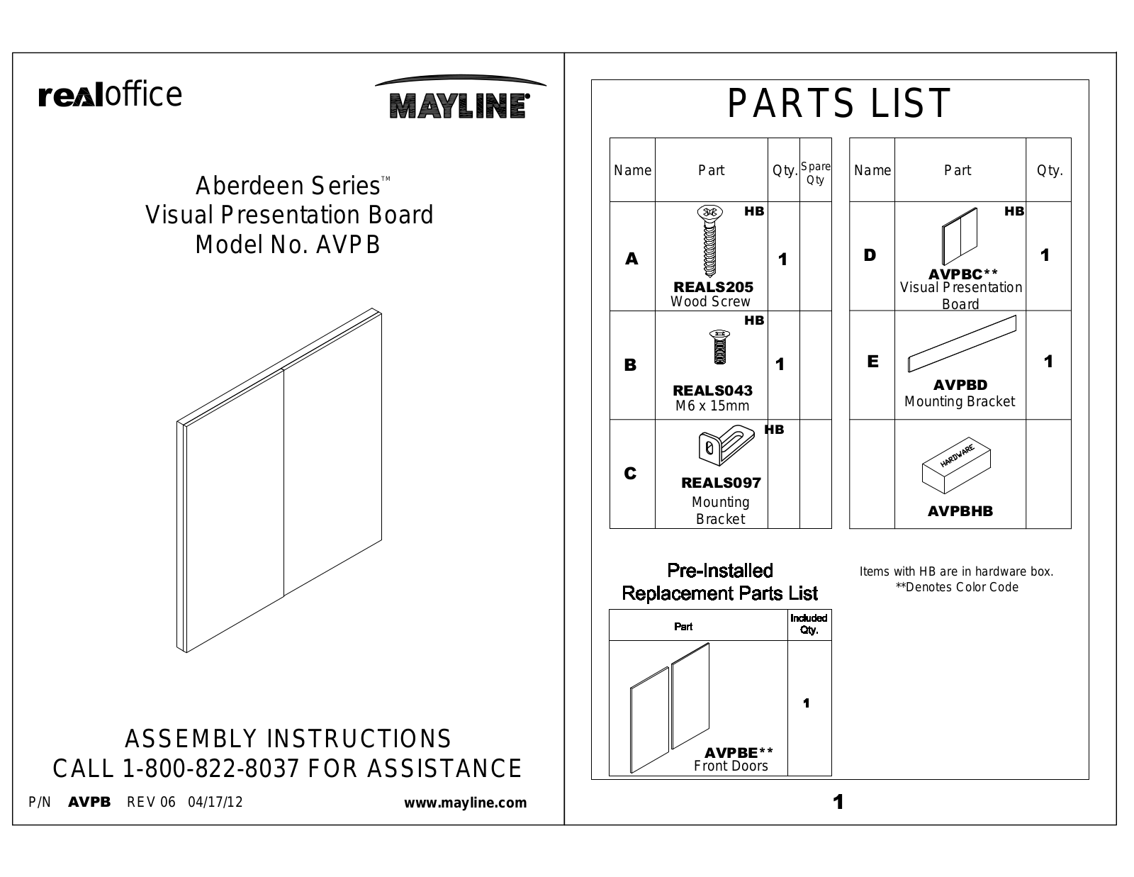 Mayline AVPBTDC, AVPBTDW, AVPBTBS, AVPBLMA, AVPBLGS Assembly Guide