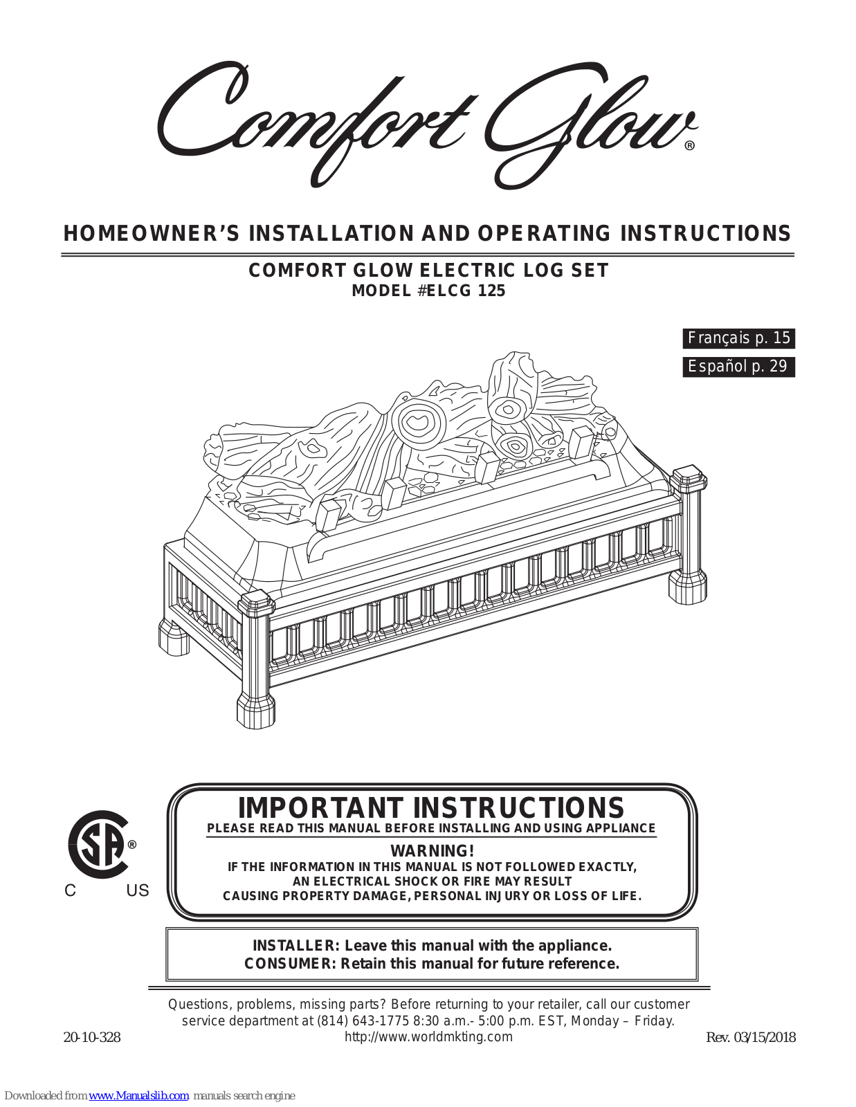 Comfort Glow ELCG 125 Homeowner's Installation And Operating Manual