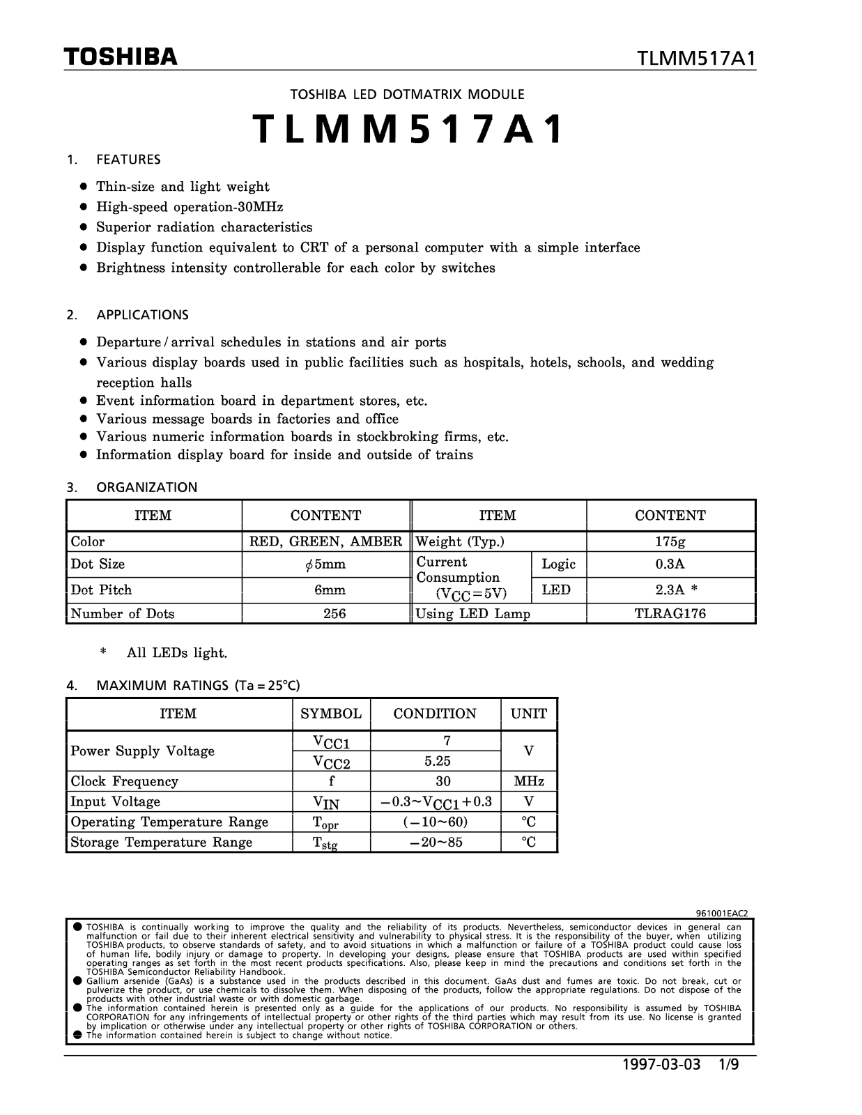 TOSHIBA TLMM517A1 Technical data