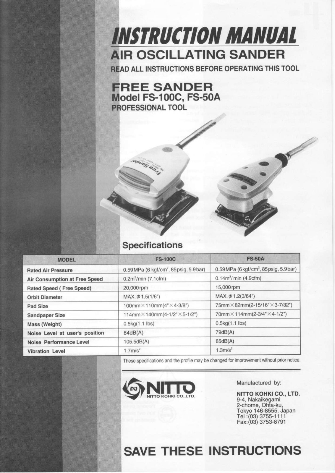 Nitto Free Sander FS-100C, Free Sander FS-50A Instruction Manual - ManualMachine.com