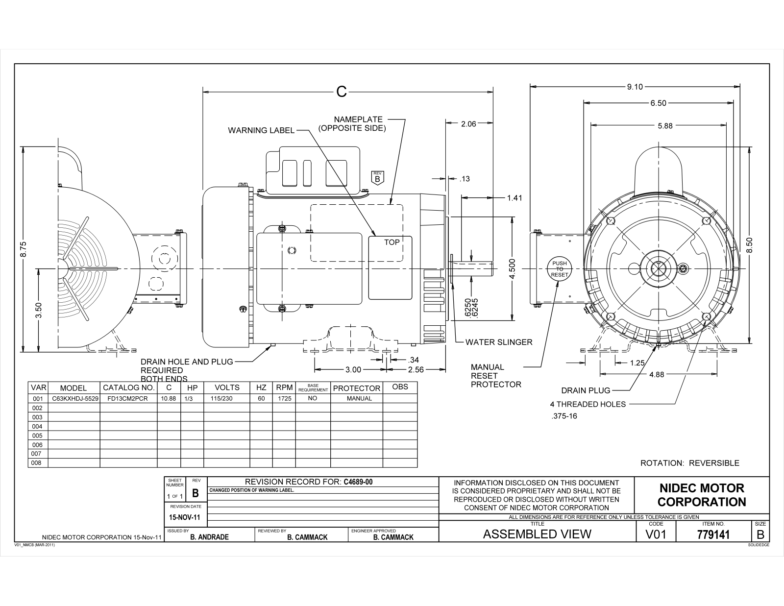 US Motors FD13CM2PCR Dimensional Sheet