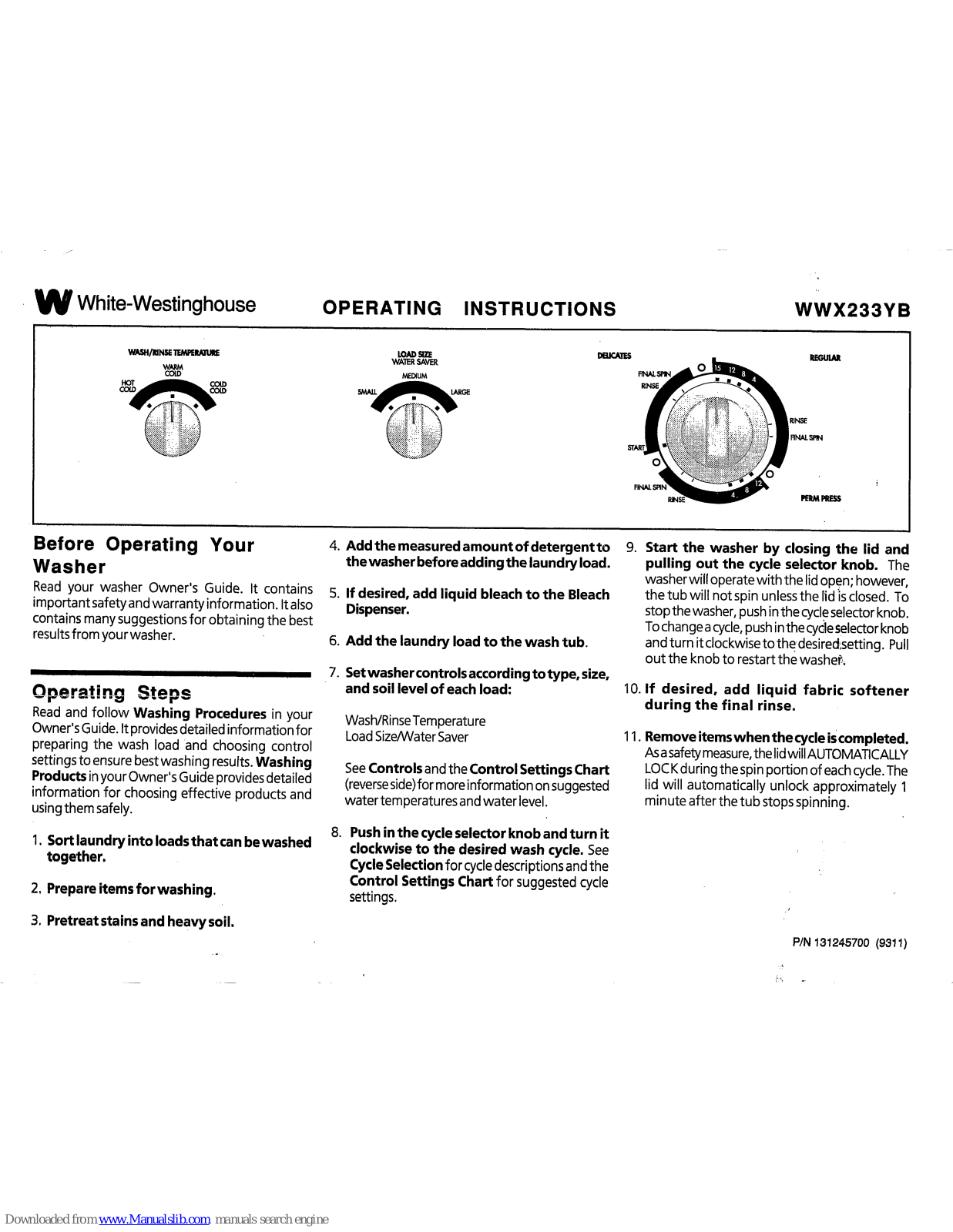 White-Westinghouse WWX233YB Operating Instructions Manual