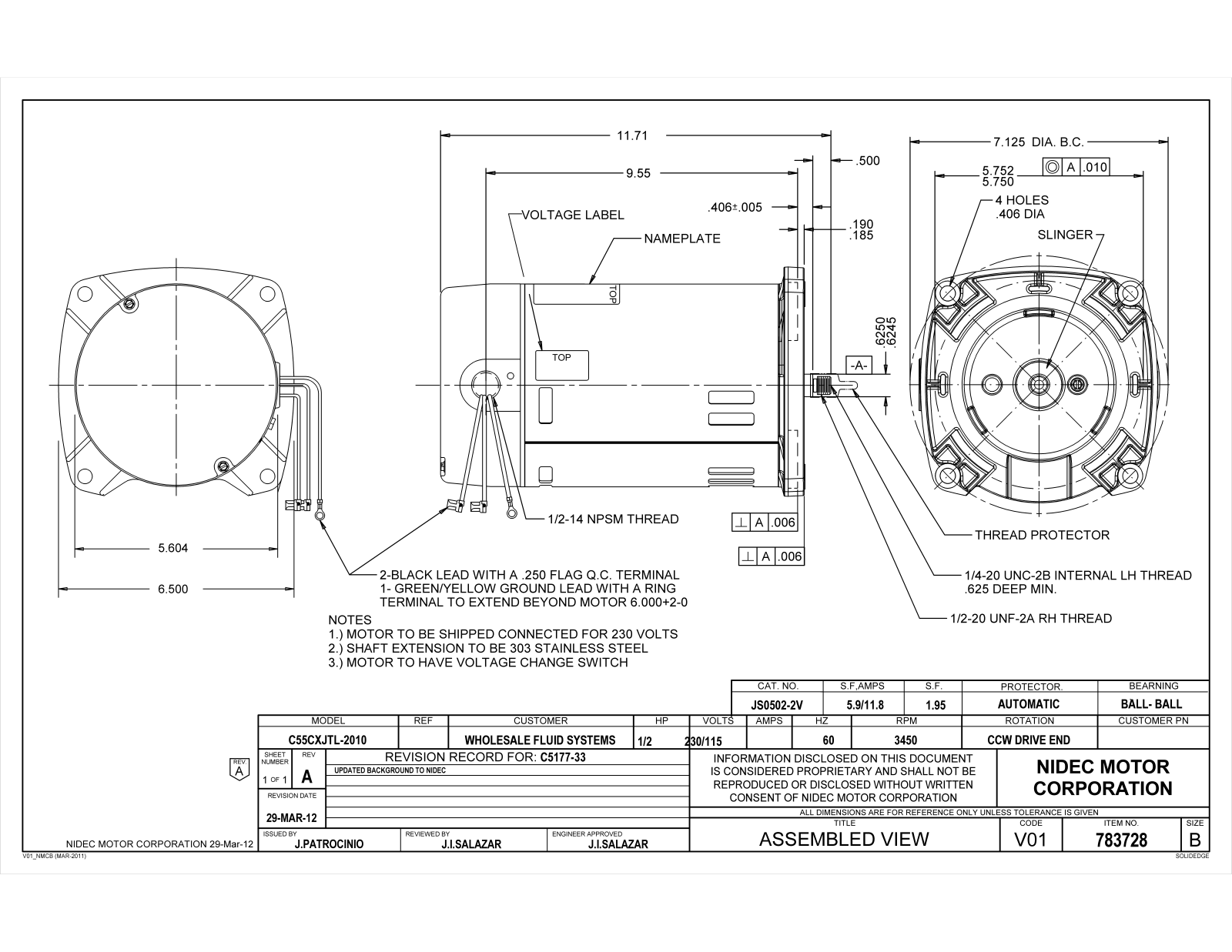 US Motors JS0502-2V Dimensional Sheet