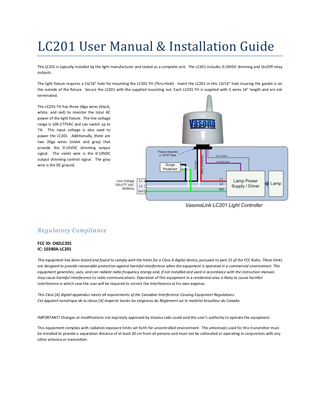 Vasona Labs LC201 Users manual