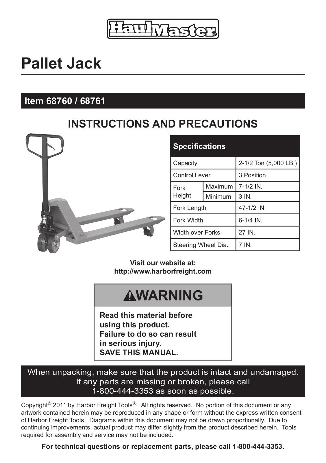 Harbor Freight Tools 68761, 68760 Owner's Manual