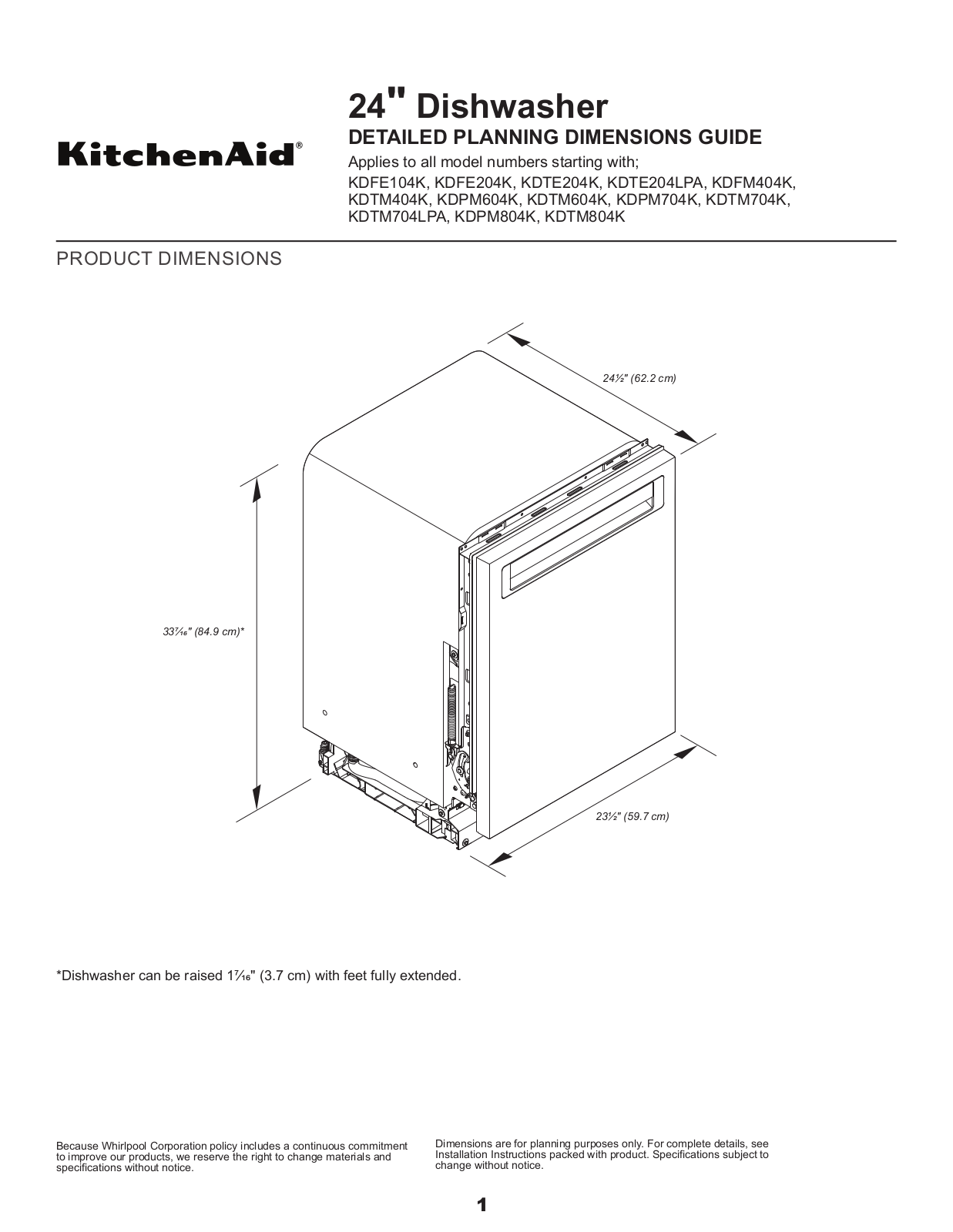 KitchenAid KDTE204KBS, KDTE204KBL, KDFE204KBS, KDTE204KWH, KDFE204KWH DETAILED PLANNING DIMENSIONS GUIDE