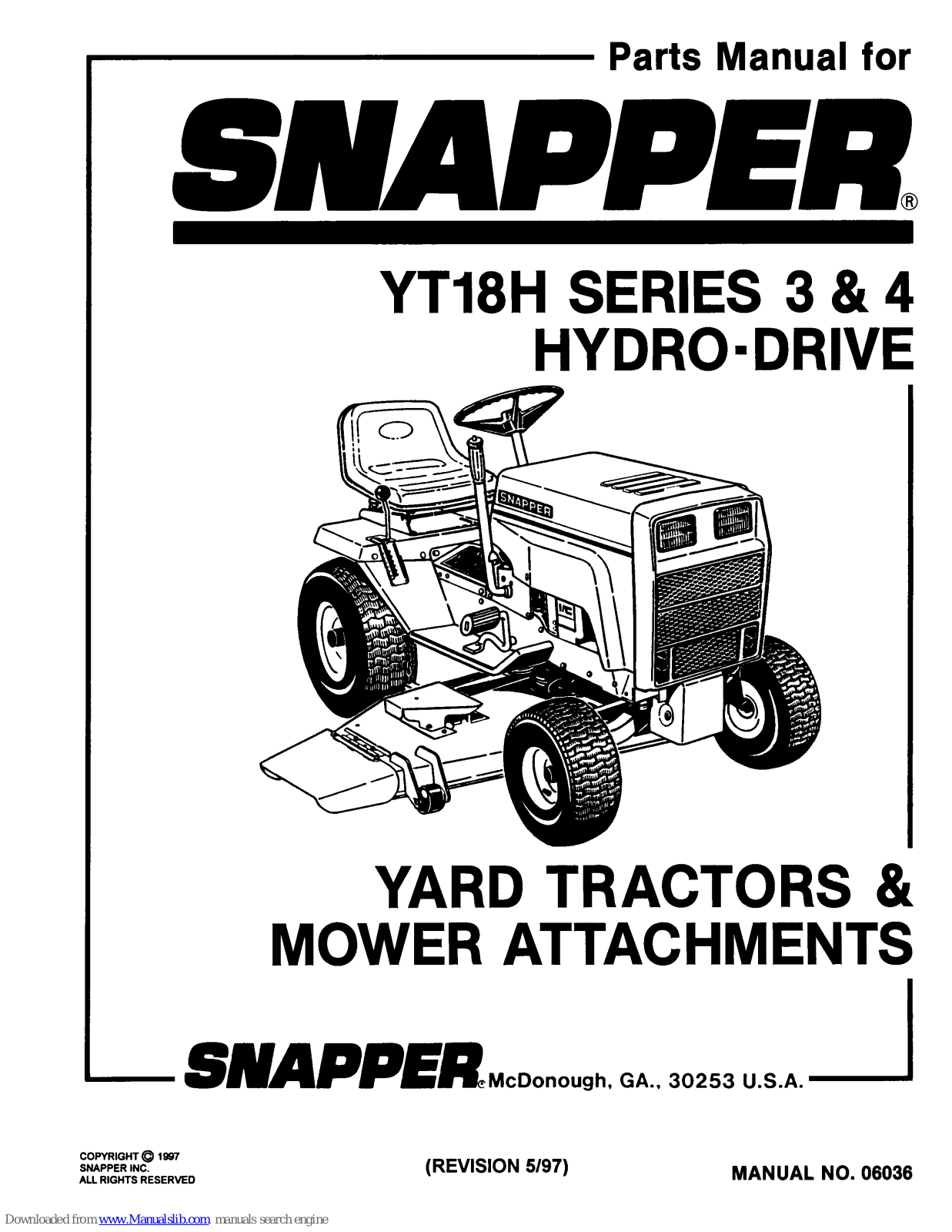 Snapper YT18H Series 3, YT18H Series 4 Parts Manual