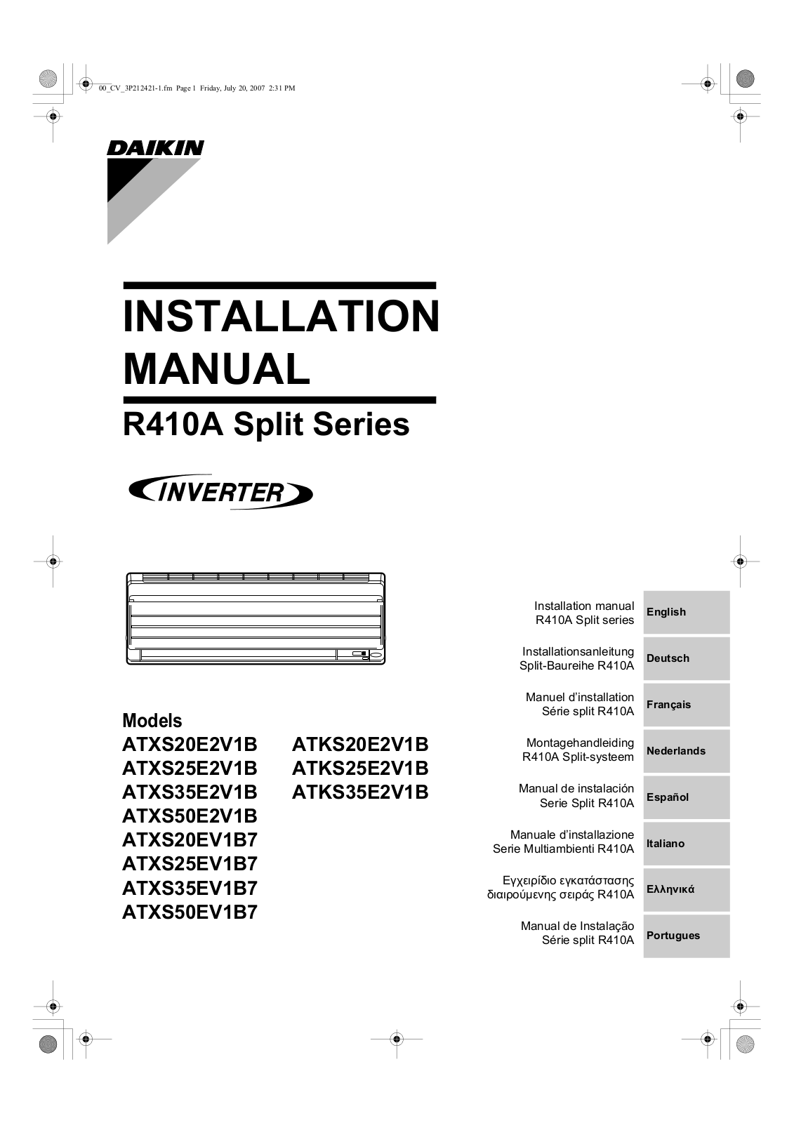 Daikin ATXS20E2V1B, ATKS20E2V1B, ATXS25E2V1B, ATKS25E2V1B, ATXS35E2V1B Installation manuals