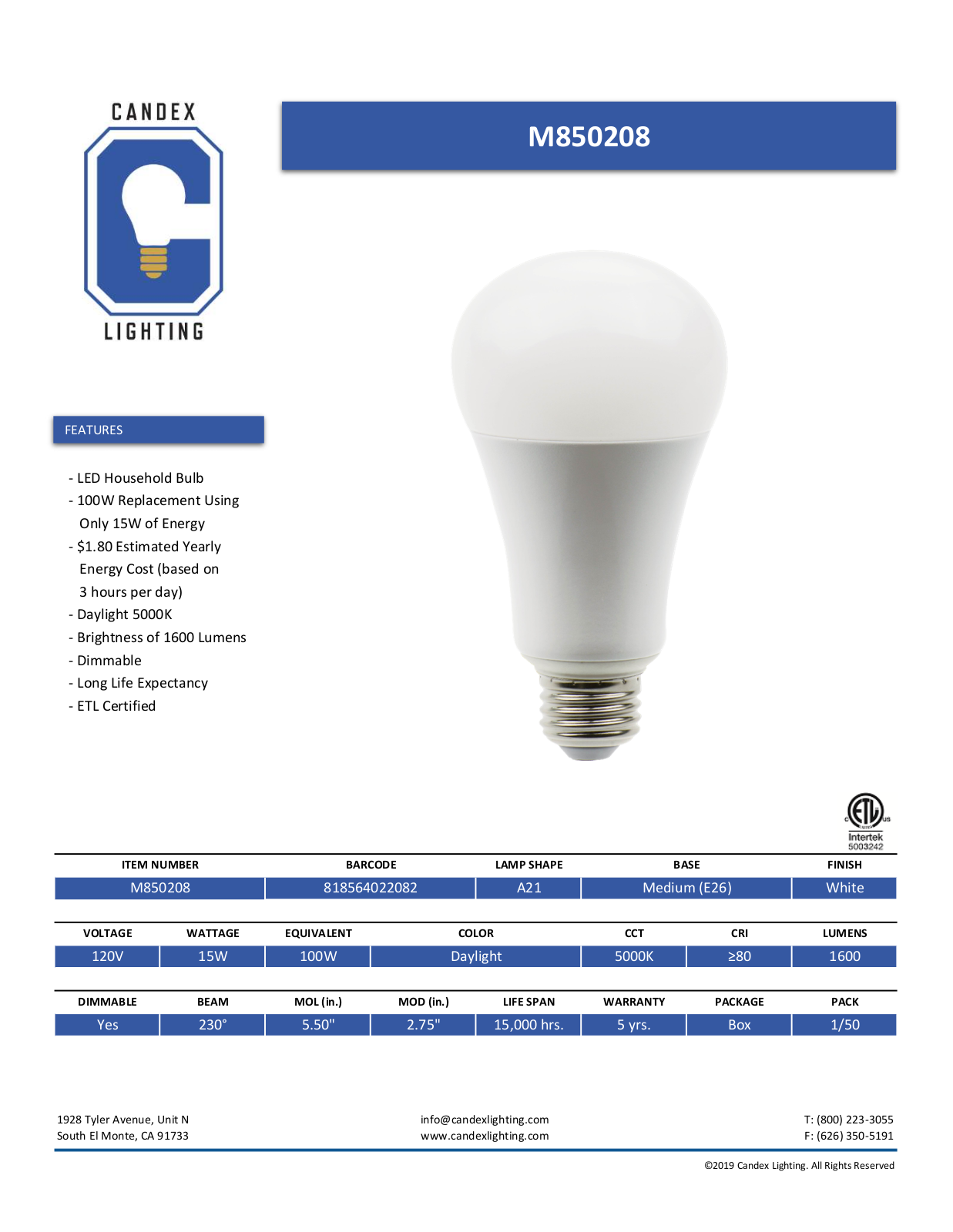 Candex Lighting CNDX1005 Specifications - ManualMachine.com